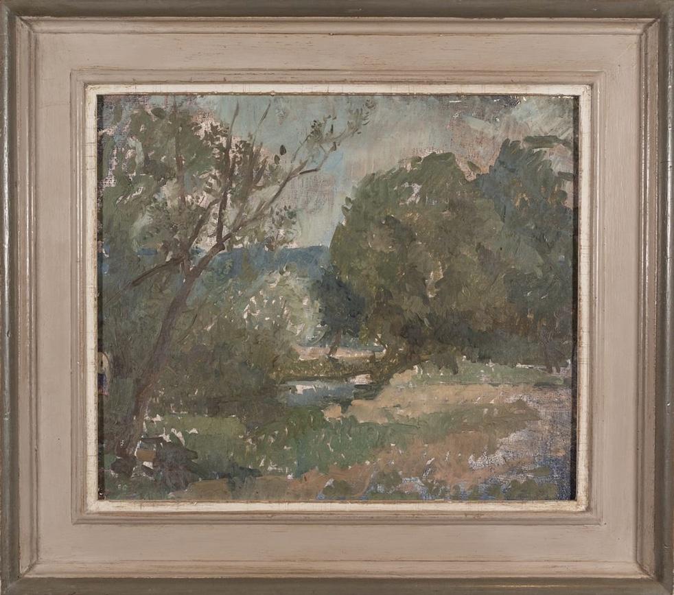 Paesaggio vicino a Vezelay, 1983 - Paesaggio dipinto a olio su tela, albero e fiume - Landscape Painting Grigio di Peter Greenham