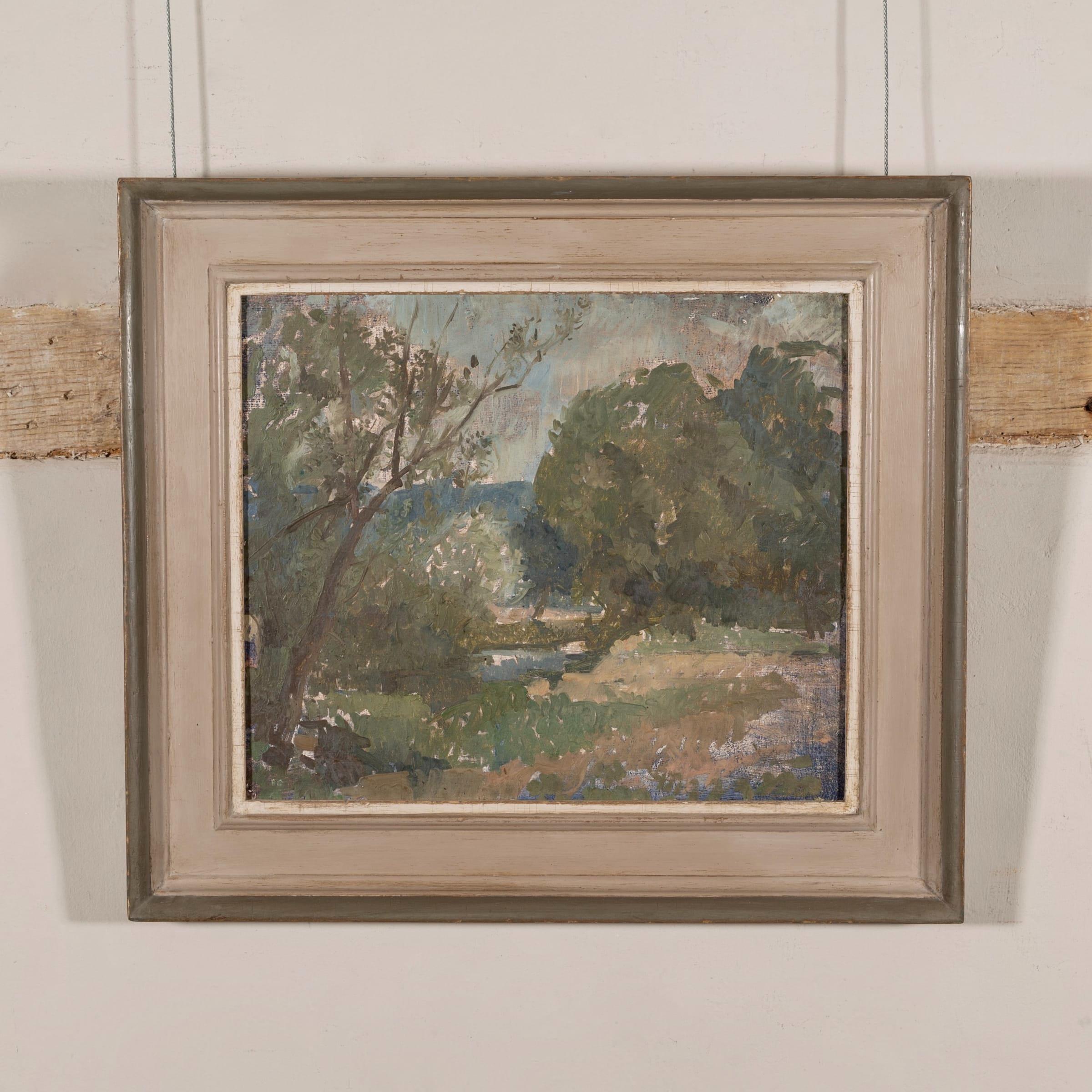 Paesaggio vicino a Vezelay, 1983 - Paesaggio dipinto a olio su tela, albero e fiume - Painting di Peter Greenham