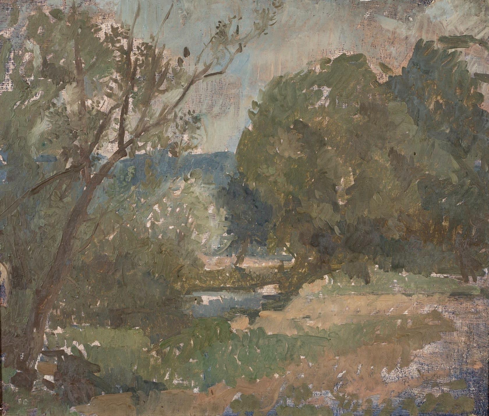 Landscape Painting di Peter Greenham - Paesaggio vicino a Vezelay, 1983 - Paesaggio dipinto a olio su tela, albero e fiume