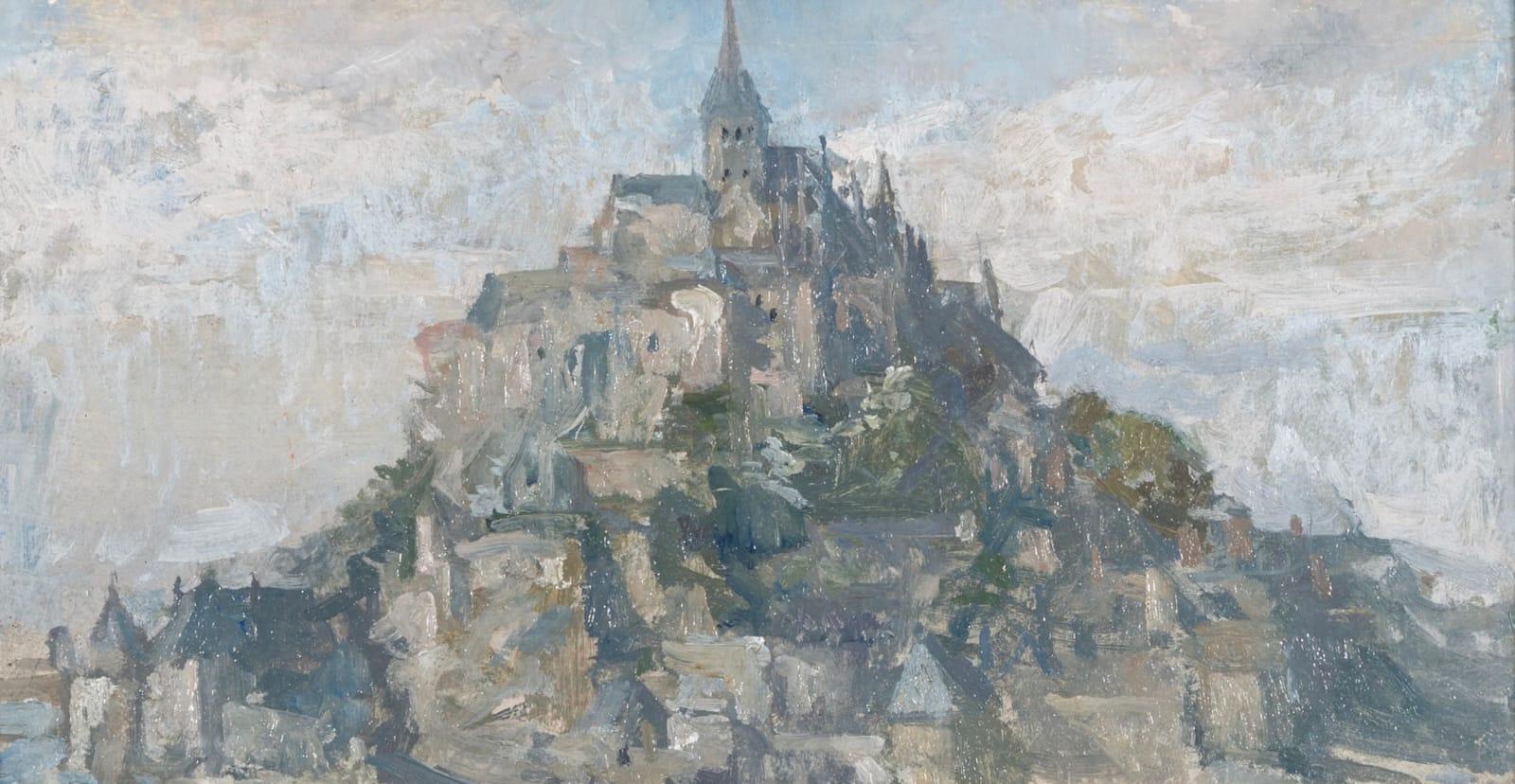 Landscape Painting de Peter Greenham - Mont St. Michel I, Óleo sobre tabla Pintura figurativa de paisaje, Siglo XX