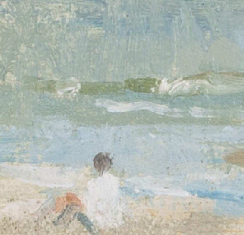Playa de Mundesley, Norfolk - Pintura al óleo de paisajes marinos del siglo XX, azul y blanco en venta 2