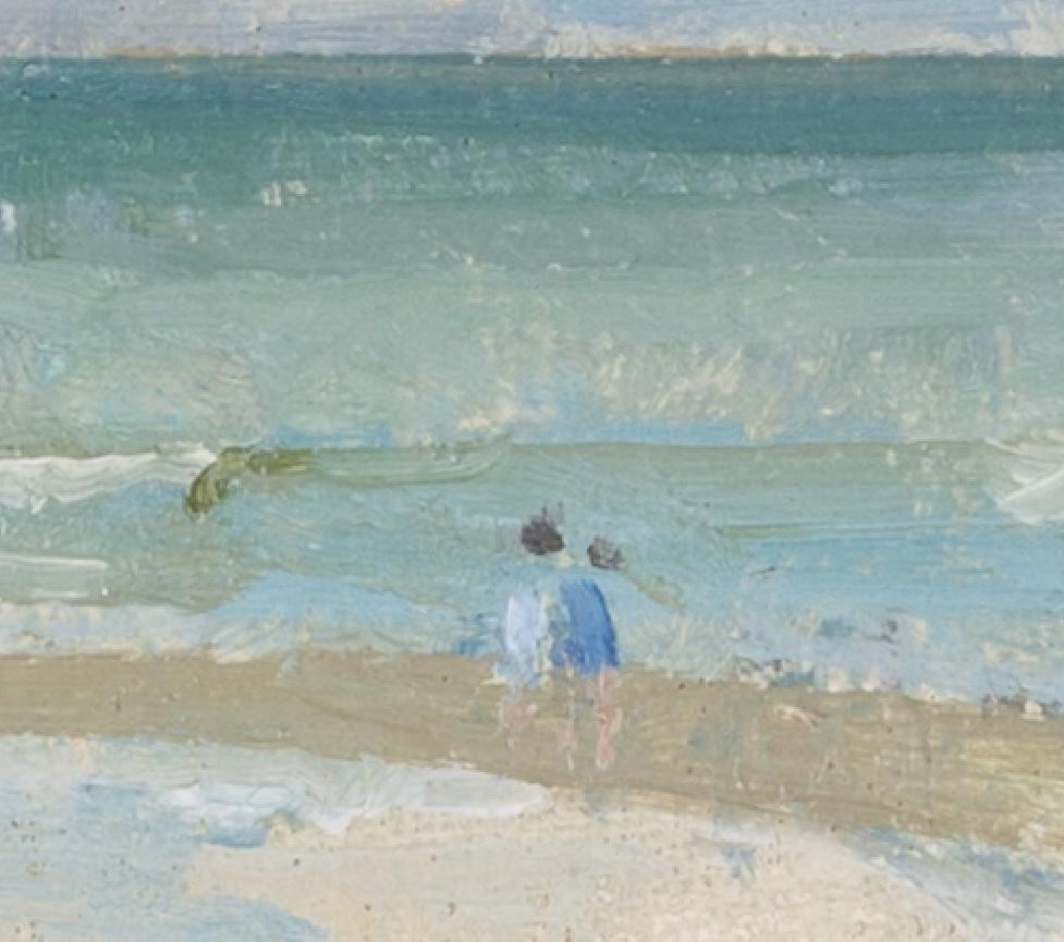 Playa de Mundesley, Norfolk - Pintura al óleo de paisajes marinos del siglo XX, azul y blanco en venta 4