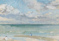 Playa de Mundesley, Norfolk - Pintura al óleo de paisajes marinos del siglo XX, azul y blanco