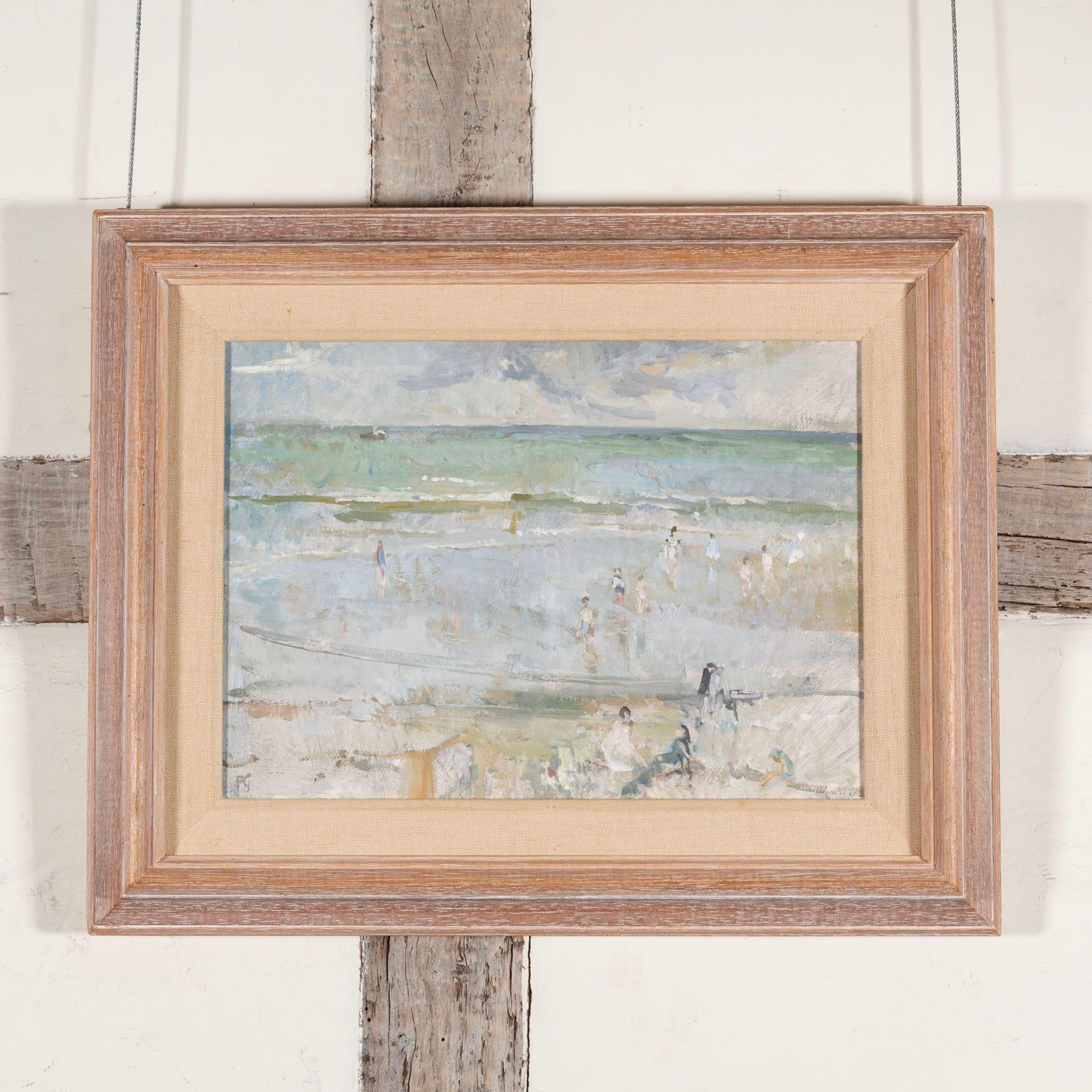 Spiaggia di Mundesley, Norfolk, dipinto a olio su tavola di Peter Greenham in vendita 1