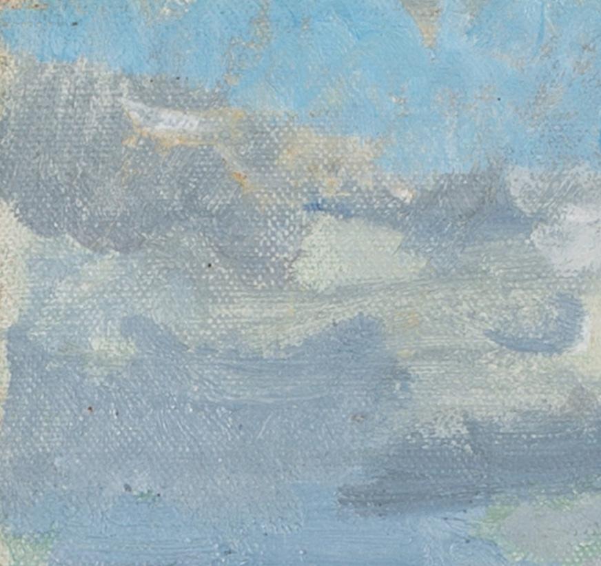 Plage de Mundesley, Norfolk, avec deux personnages - Peinture à l'huile de paysage du 20e siècle - Gris Figurative Painting par Peter Greenham