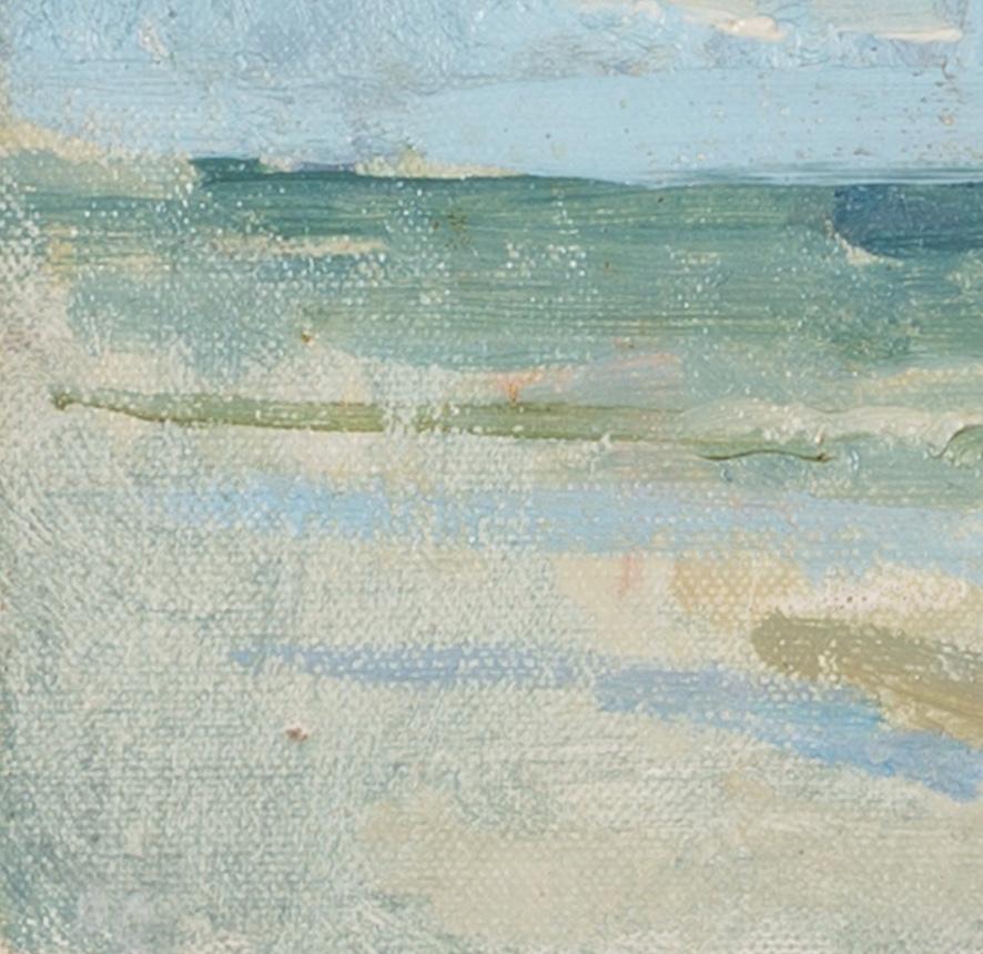 Plage de Mundesley, Norfolk, avec deux personnages - Peinture à l'huile de paysage du 20e siècle en vente 3