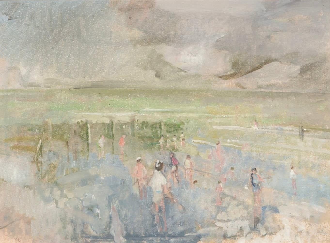 Spiel am Strand, Öl auf Karton Gemälde von Peter Greenham