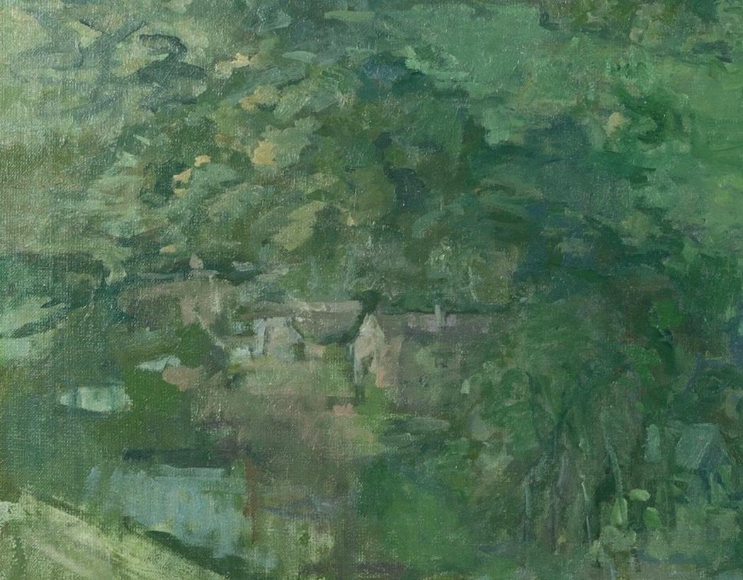 Vista desde la carretera entre Cambo y Hexham - Pintura al óleo de paisajes del siglo XX - Landscape Painting Gris de Peter Greenham