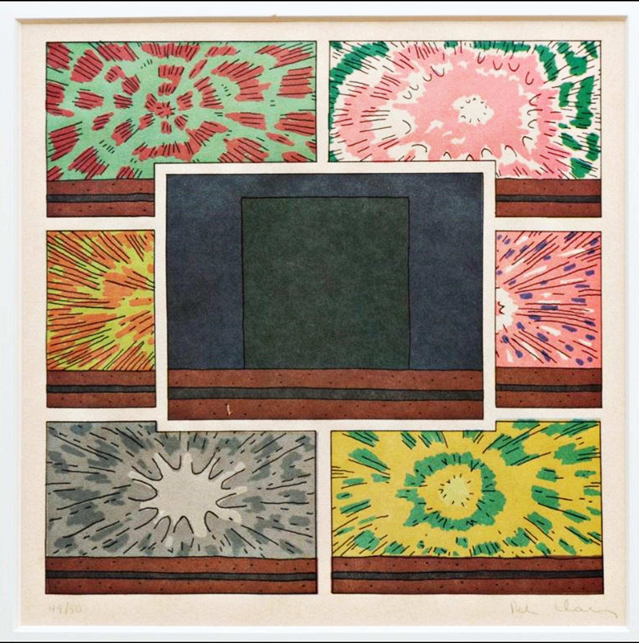Cell with Explosions I, Line Engraving on Japanese Kozo paper, signed/N, Framed - Abstract Geometric Print by Peter Halley