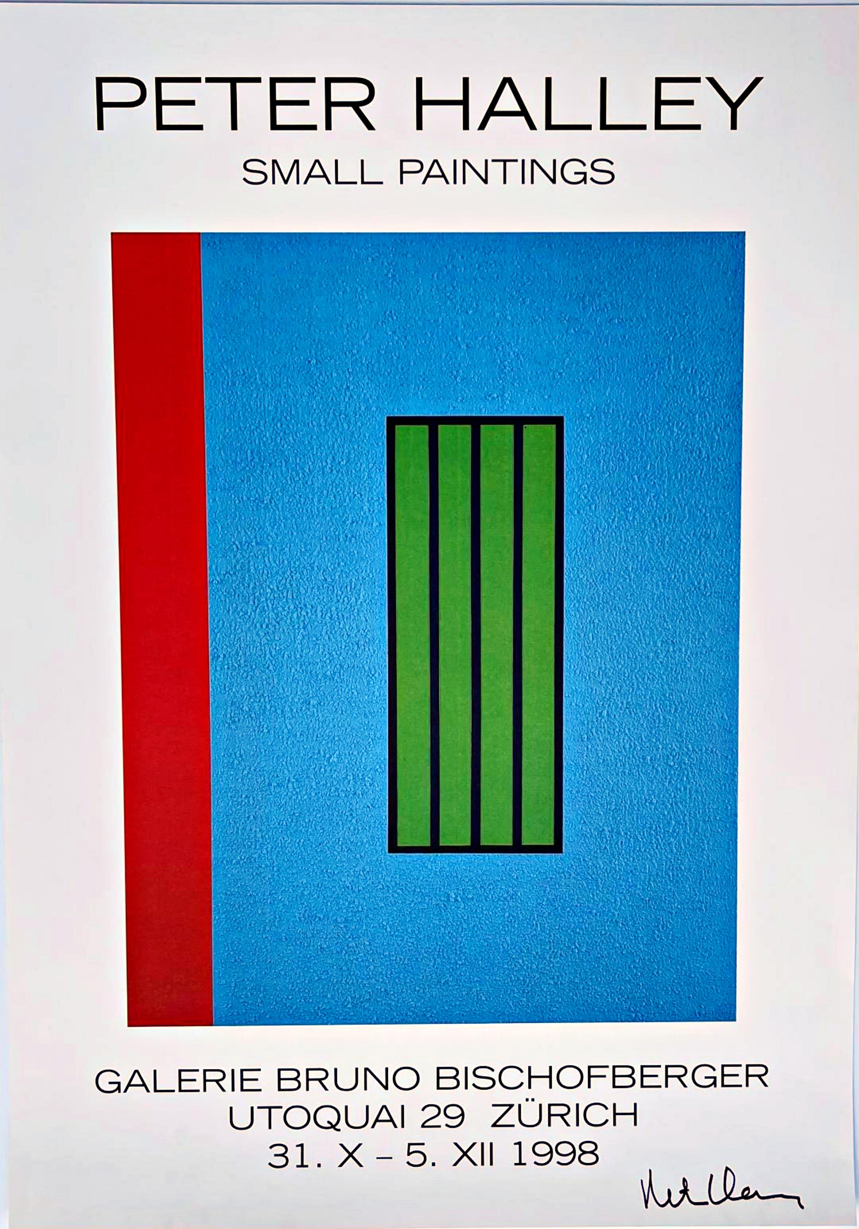 La Alpha 137 Gallery a l'honneur de proposer cette lithographie offset historique de l'exposition de petites peintures du légendaire artiste américain Peter Halley à la Galerie Bruno Bischofberger à Zurich, en Suisse, en 1998, que l'artiste a signée