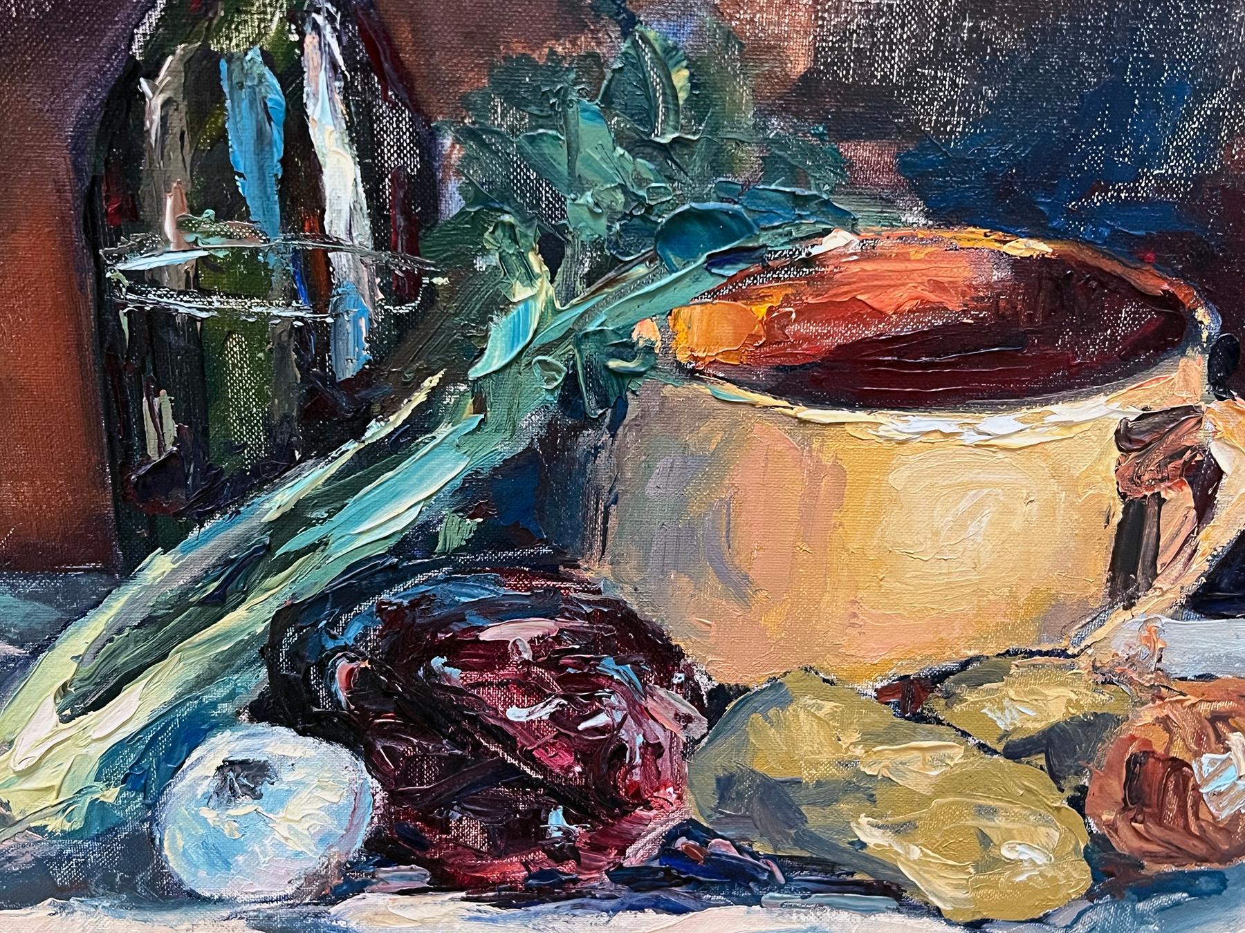 Peter Hamlett (Amerikaner 1919-1972) signiertes Öl auf Karton, verso datiert 1966; das üppige Stillleben im impressionistischen Stil mit dicken, breiten Pinselstrichen zeigt eine Tischlandschaft mit einem Kupfertopf, verschiedenen Gemüsesorten und