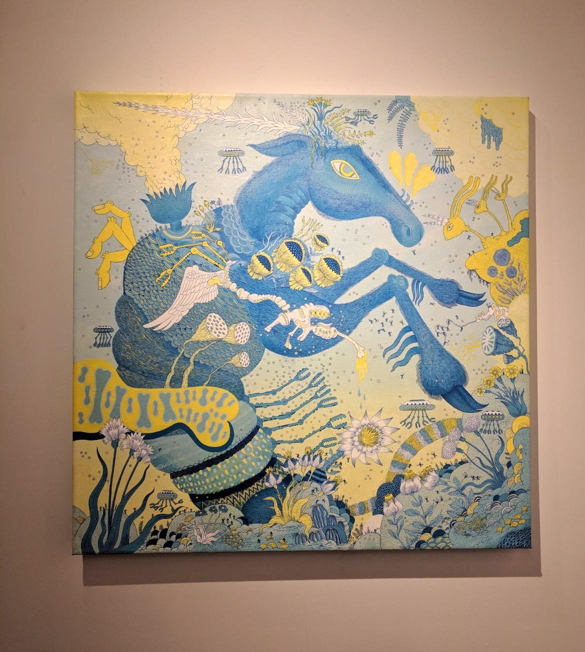 Blaues Pferdeboot, Pferd, Tier, Roboter, Blau, Grün, Futuristische Fantasie-Landschaft (Zeitgenössisch), Painting, von Peter Hamlin