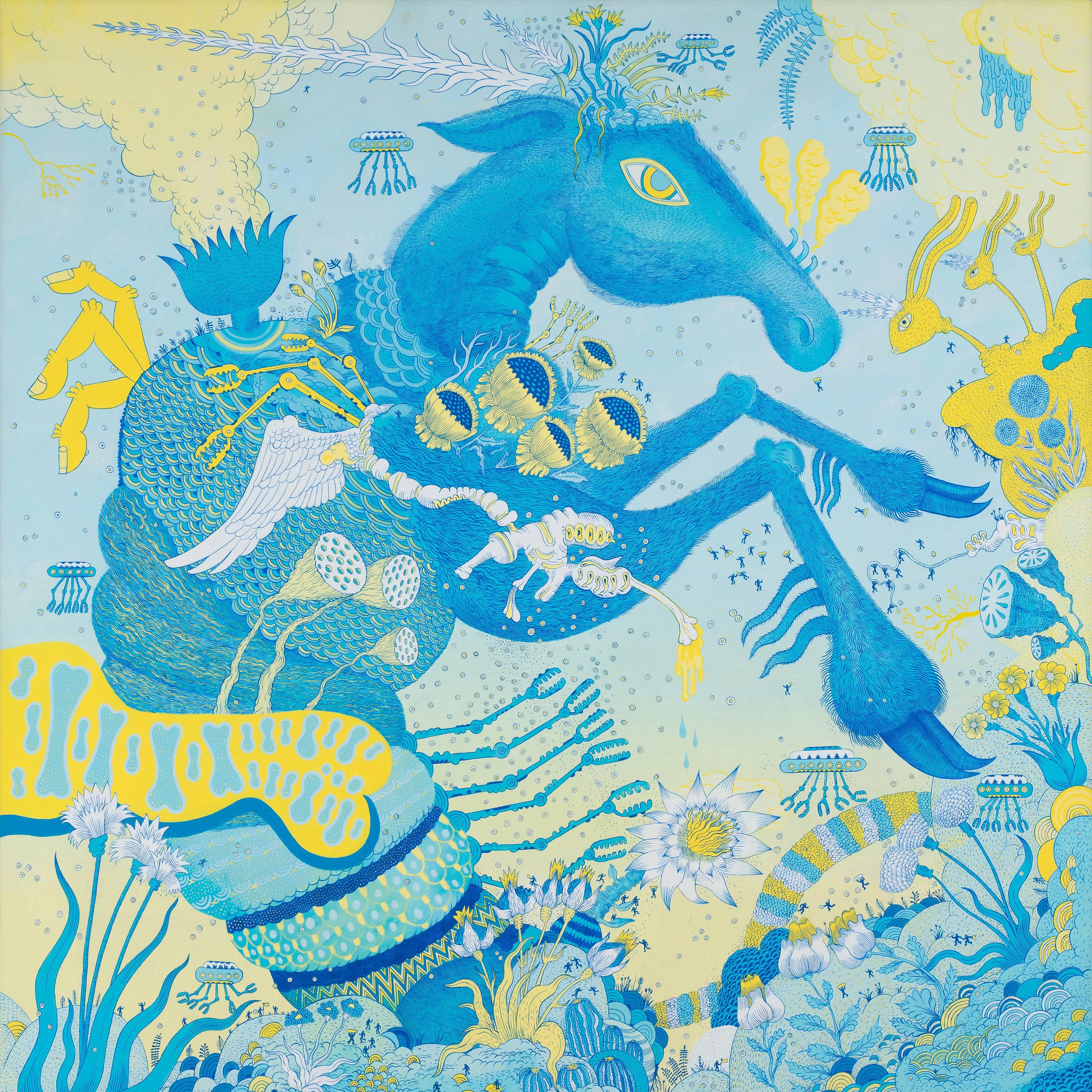 Peter Hamlin Landscape Painting – Blaues Pferdeboot, Pferd, Tier, Roboter, Blau, Grün, Futuristische Fantasie-Landschaft