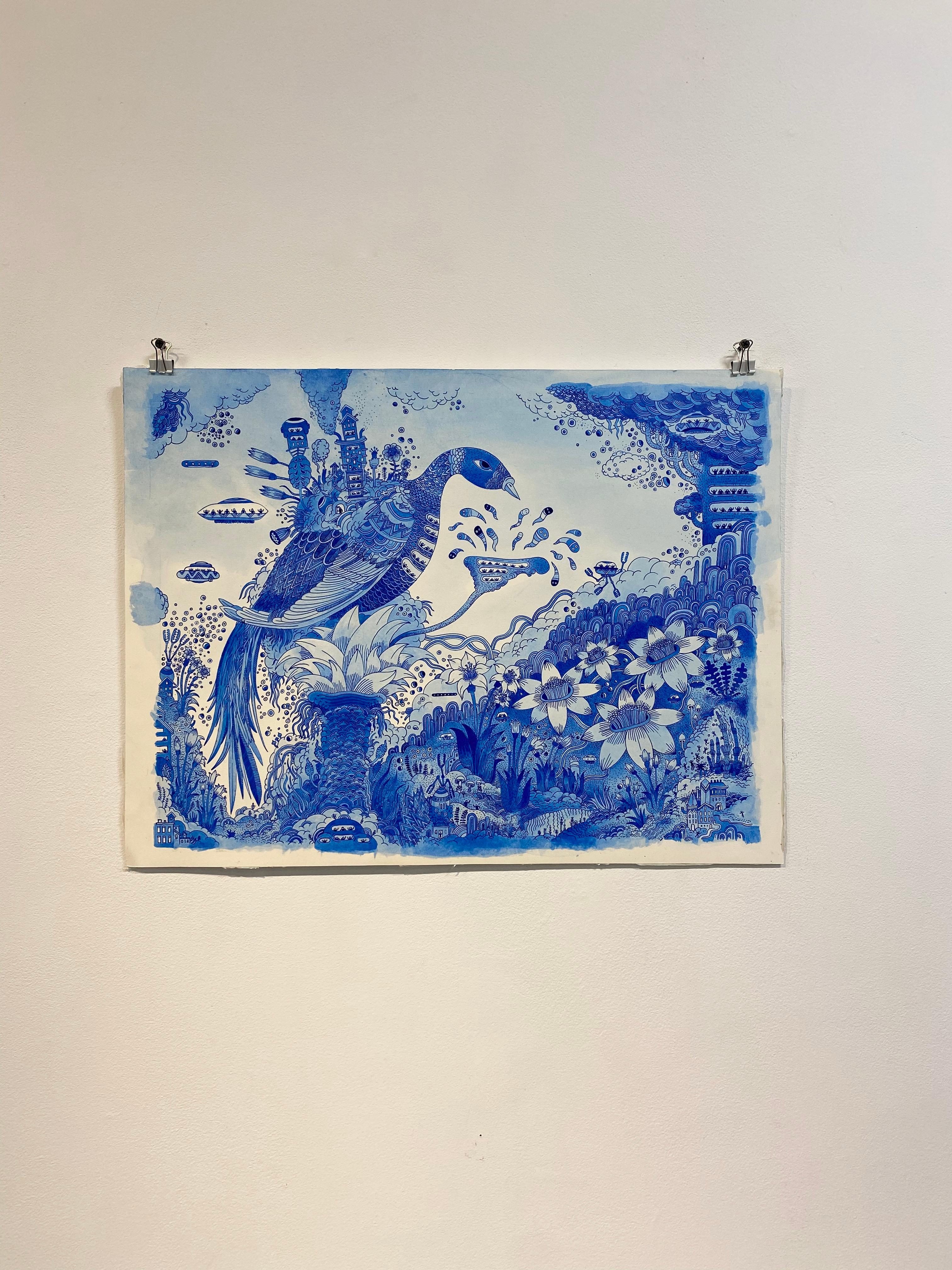 Blauer Vogelbotic, Blauer Vogel, Blumen, Spacecraft, Skurrile Fantasie-Landschaft (Zeitgenössisch), Painting, von Peter Hamlin