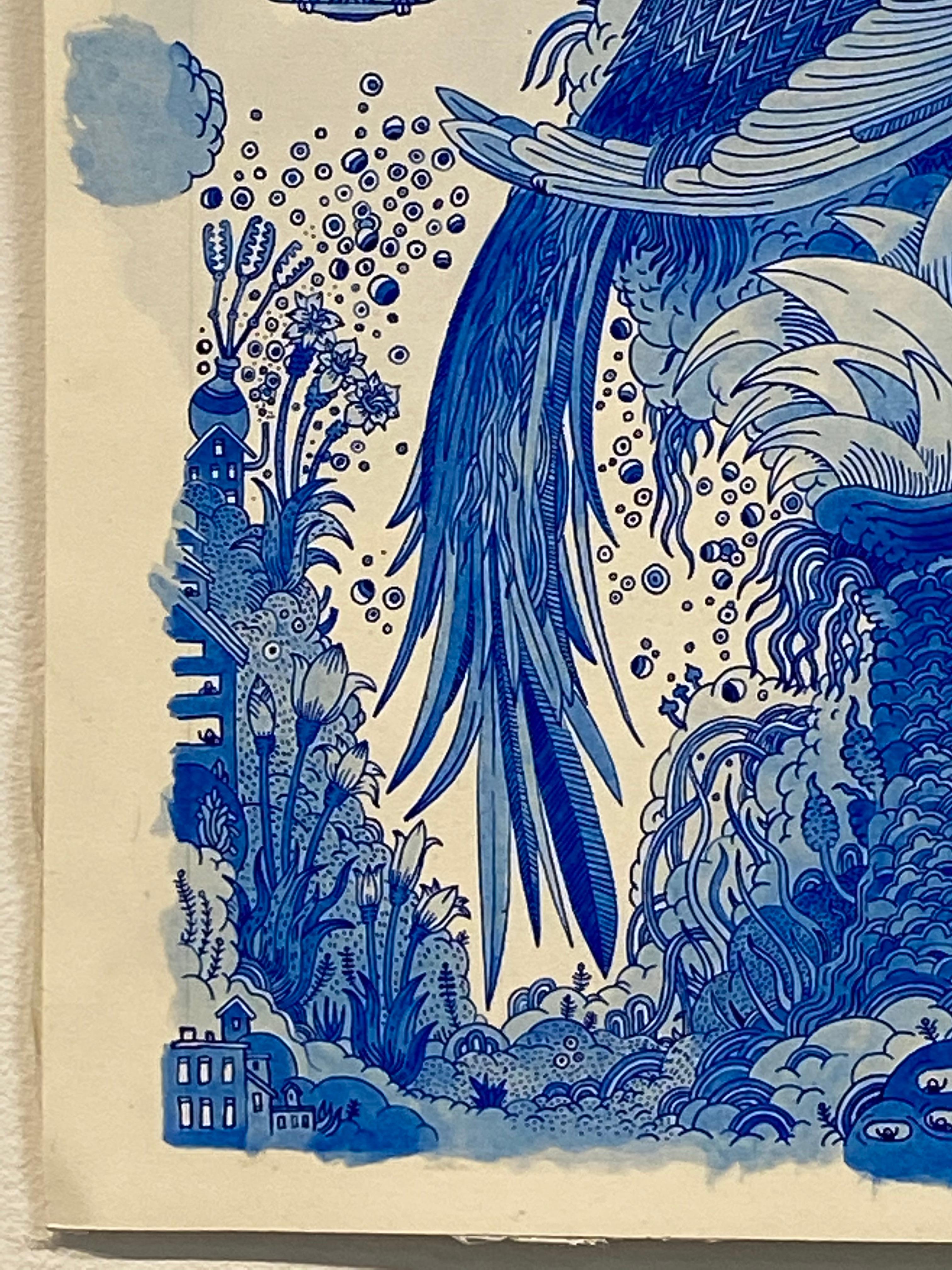 Blauer Vogelbotic, Blauer Vogel, Blumen, Spacecraft, Skurrile Fantasie-Landschaft (Zeitgenössisch), Painting, von Peter Hamlin