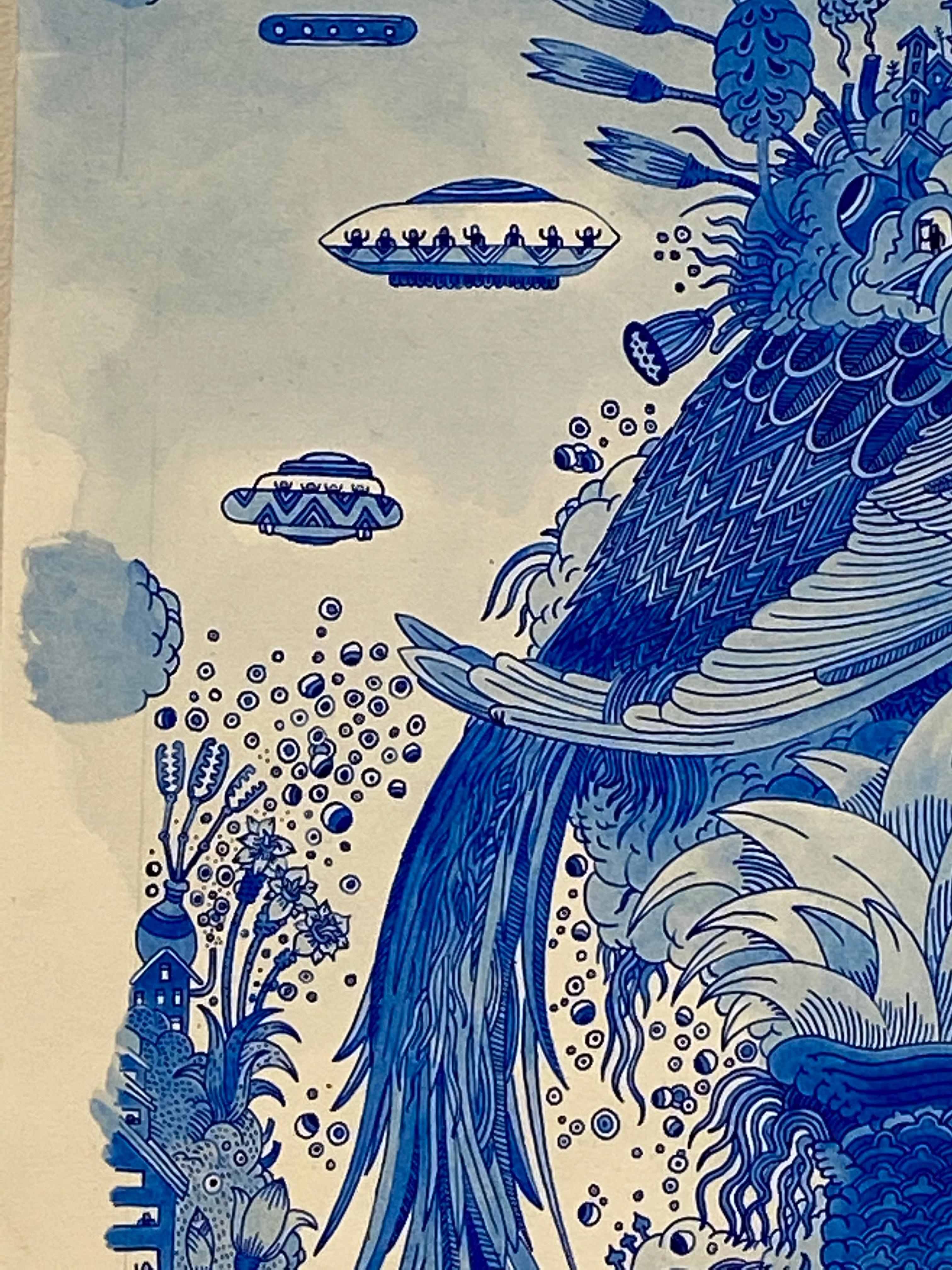 Ein futuristischer Tierhybrid steht im Mittelpunkt dieser fantastischen Landschaft in Acrylfarbe auf Arches-Aquarellpapier von Peter Hamlin. Das detailgetreue, vogelähnliche Wesen ist skurril und surreal. Auf seinem Rücken befindet sich ein kleines