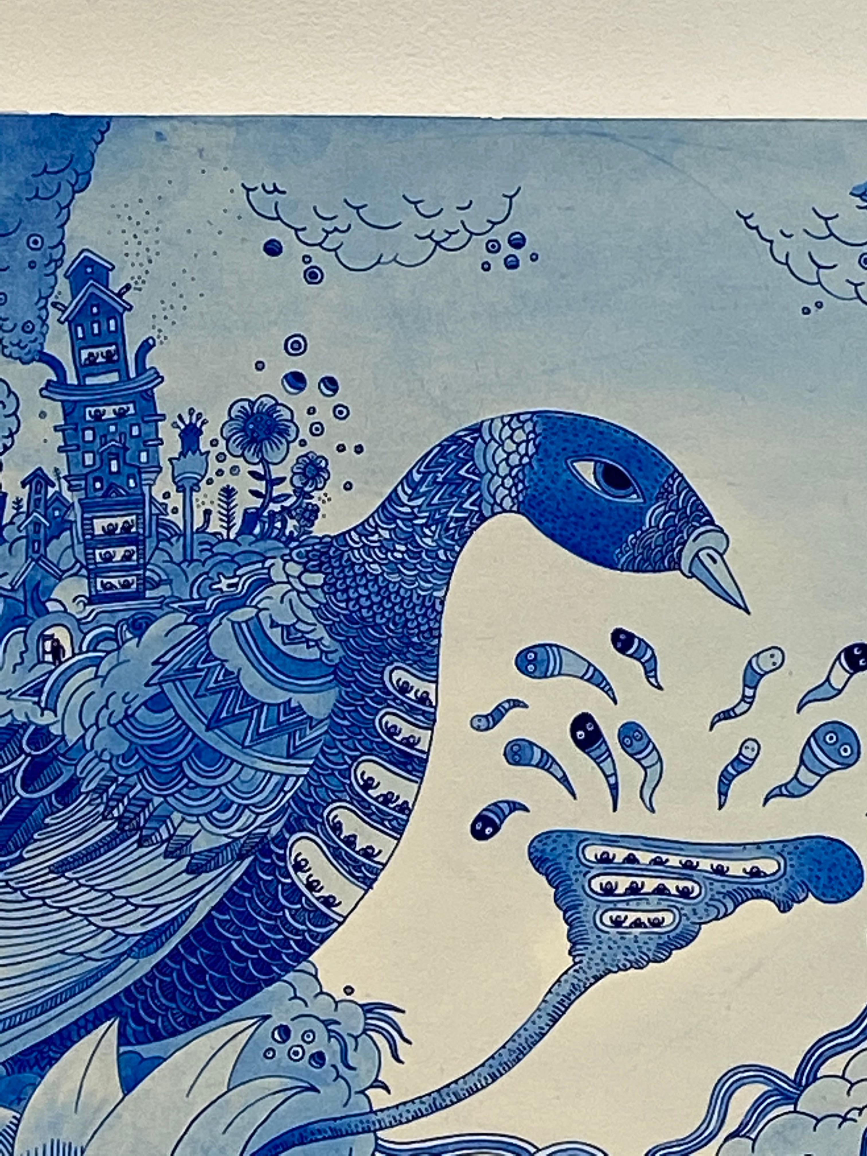 Blauer Vogelbotic, Blauer Vogel, Blumen, Spacecraft, Skurrile Fantasie-Landschaft im Angebot 3