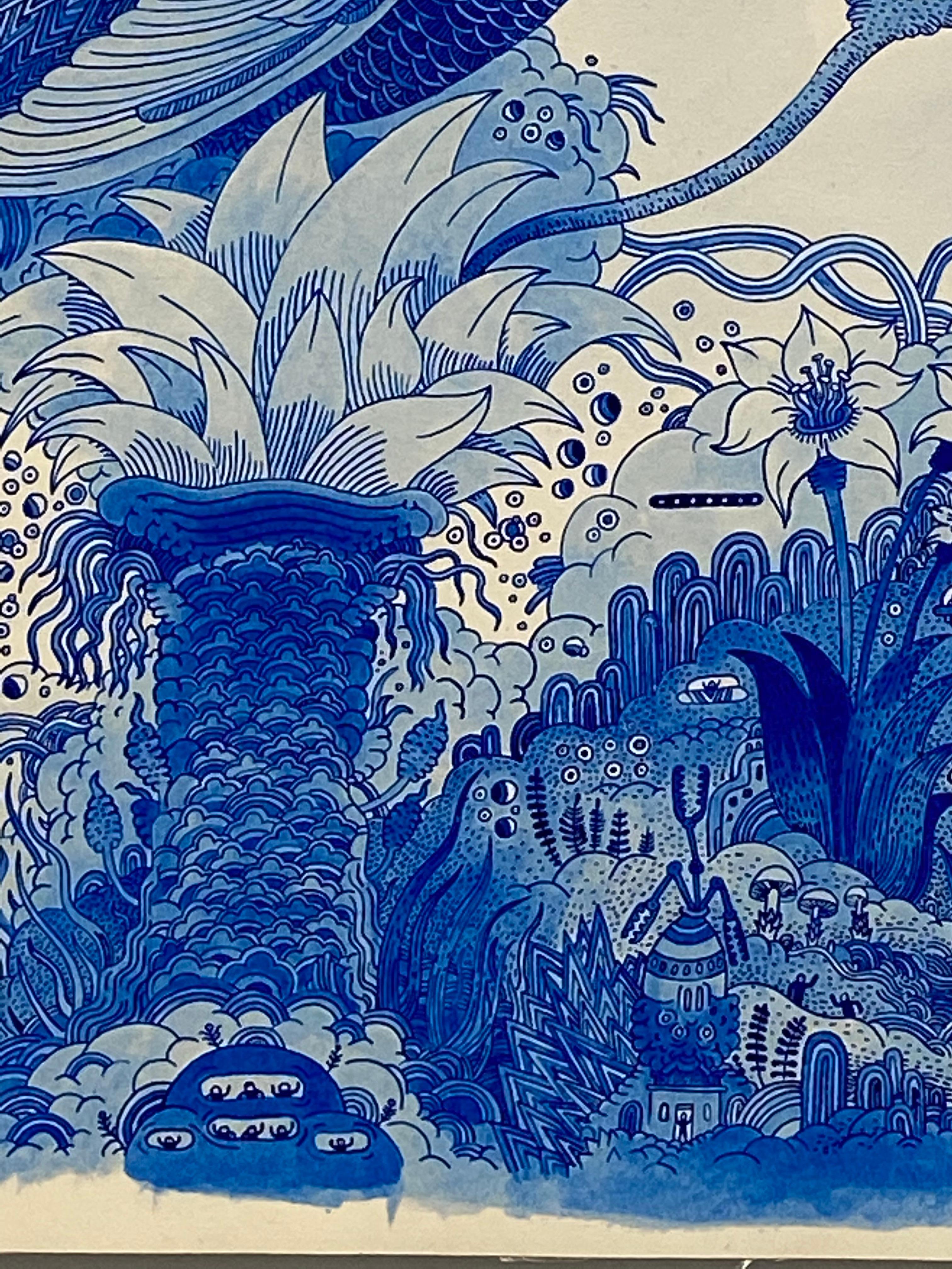 Blauer Vogelbotic, Blauer Vogel, Blumen, Spacecraft, Skurrile Fantasie-Landschaft im Angebot 4