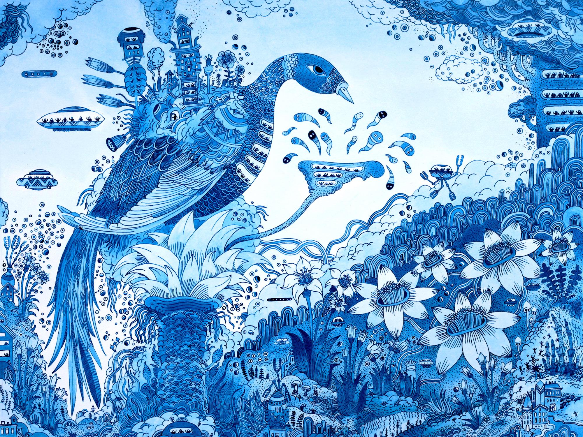Peter Hamlin Animal Painting – Blauer Vogelbotic, Blauer Vogel, Blumen, Spacecraft, Skurrile Fantasie-Landschaft