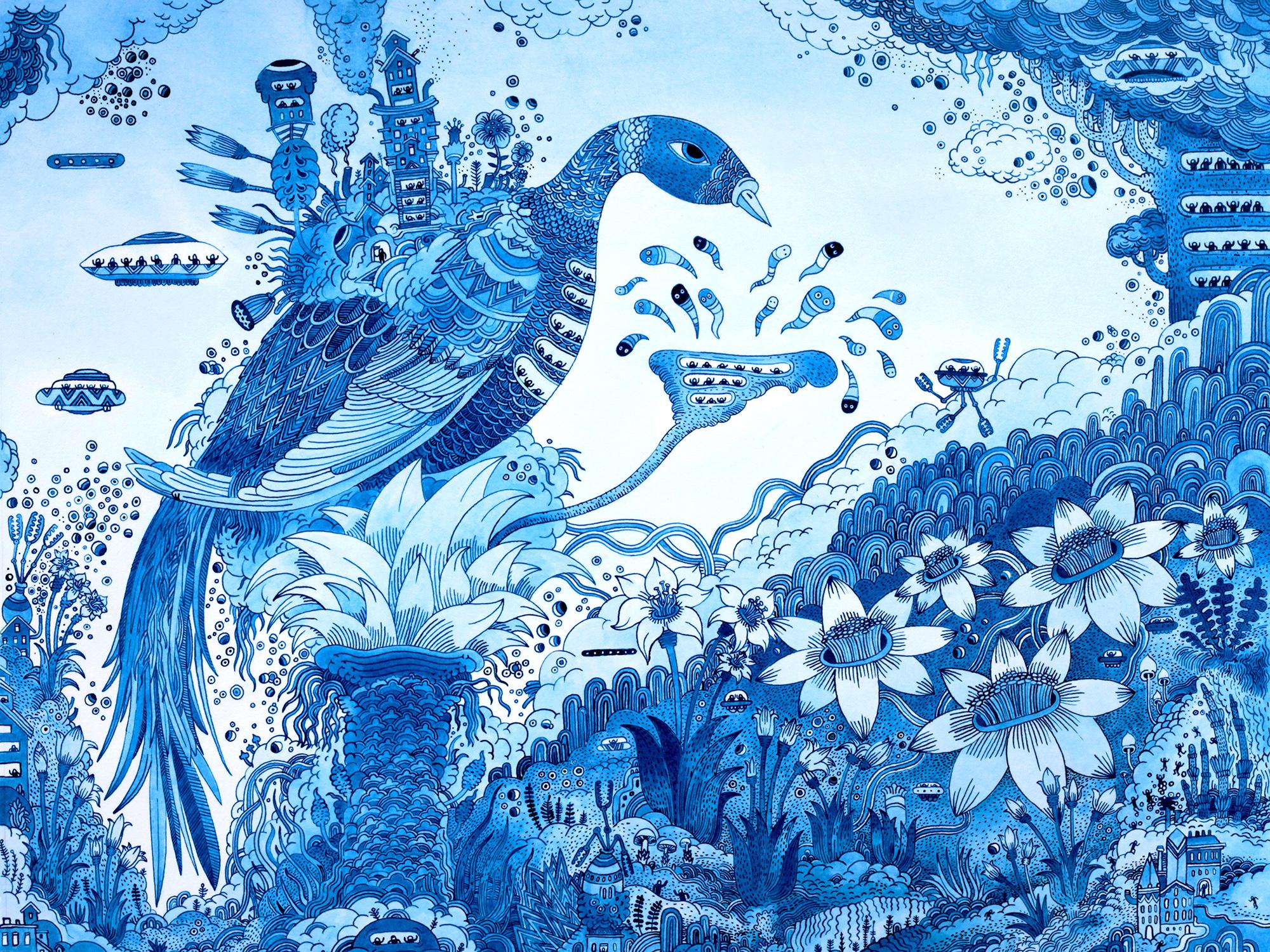 Paysage fantastique fantaisiste, oiseau bleu, fleurs, Spacecraft