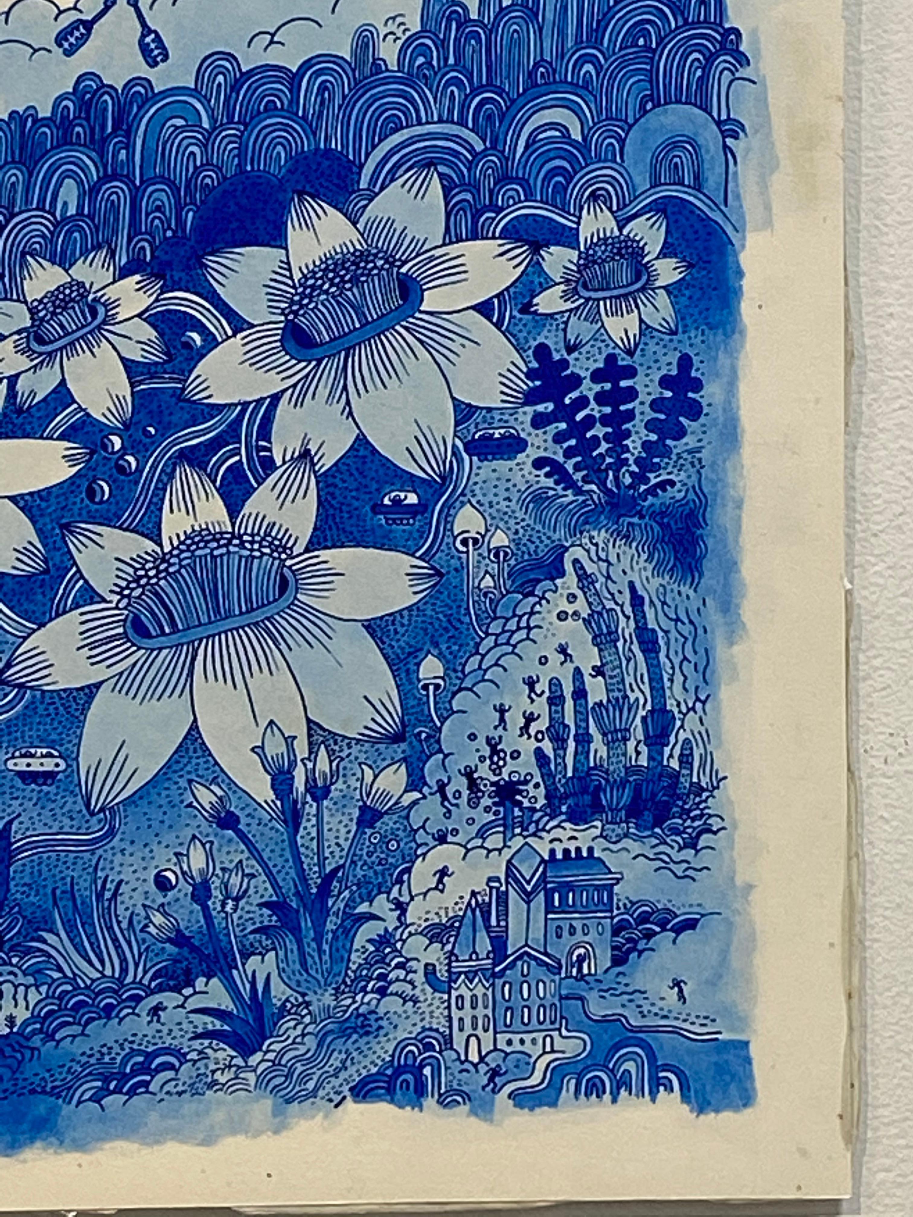 Bluebirdbotic - Blue Bird Flowers Surreal Spacecraft Fantasy Landscape, 2017 im Angebot 6