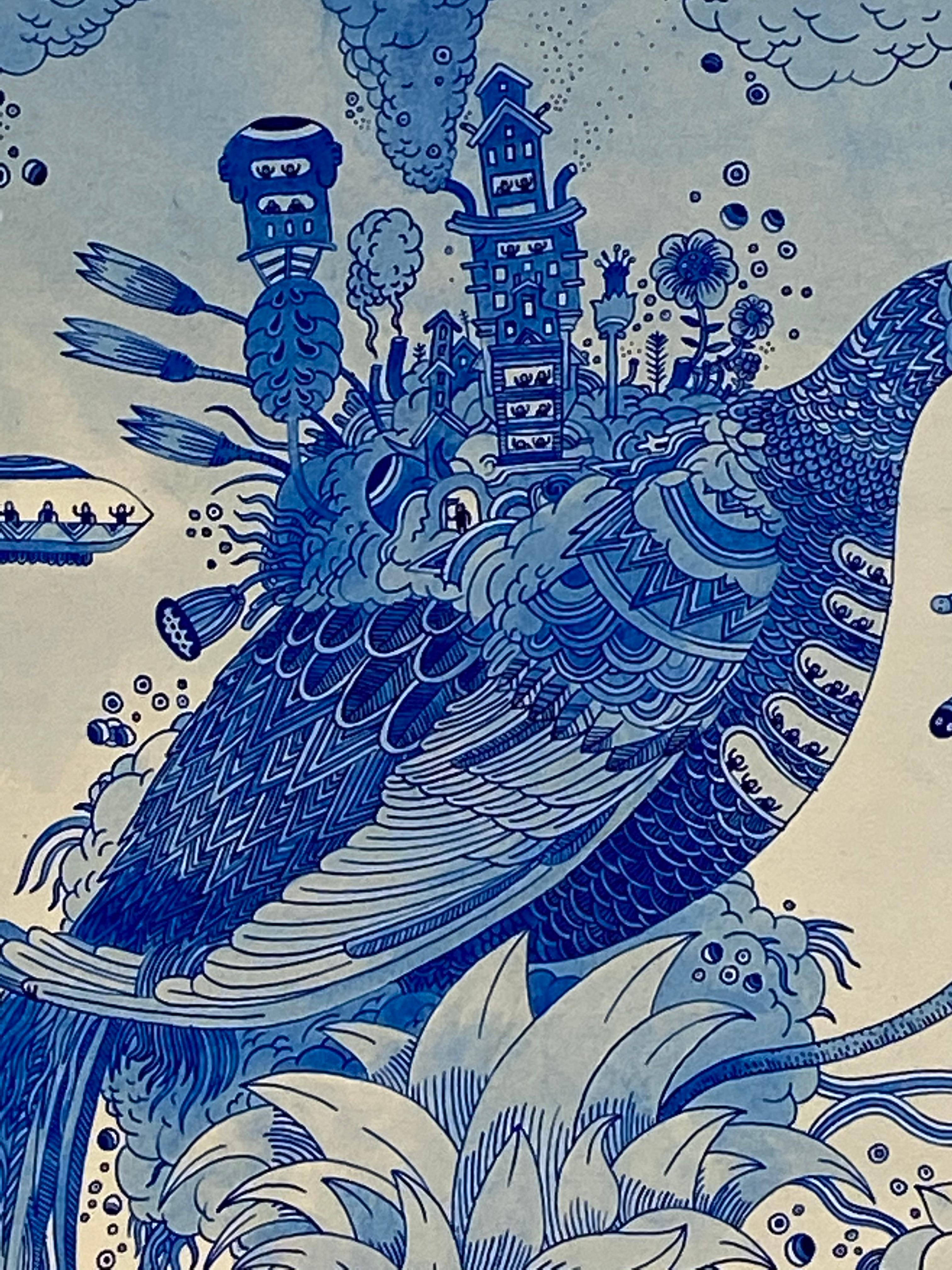 A futuristic animal hybrid stands at the center of this fantastical, contemporary landscape in acrylic ink on Arches watercolor paper by Peter Hamlin. The meticulously detailed bird-like creature is whimsical and surreal, its back housing a little