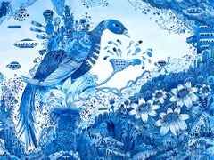 Bluebirdbotic, Blue Bird with Flowers, Spacecraft, Fantasy Landscape Whimiscal