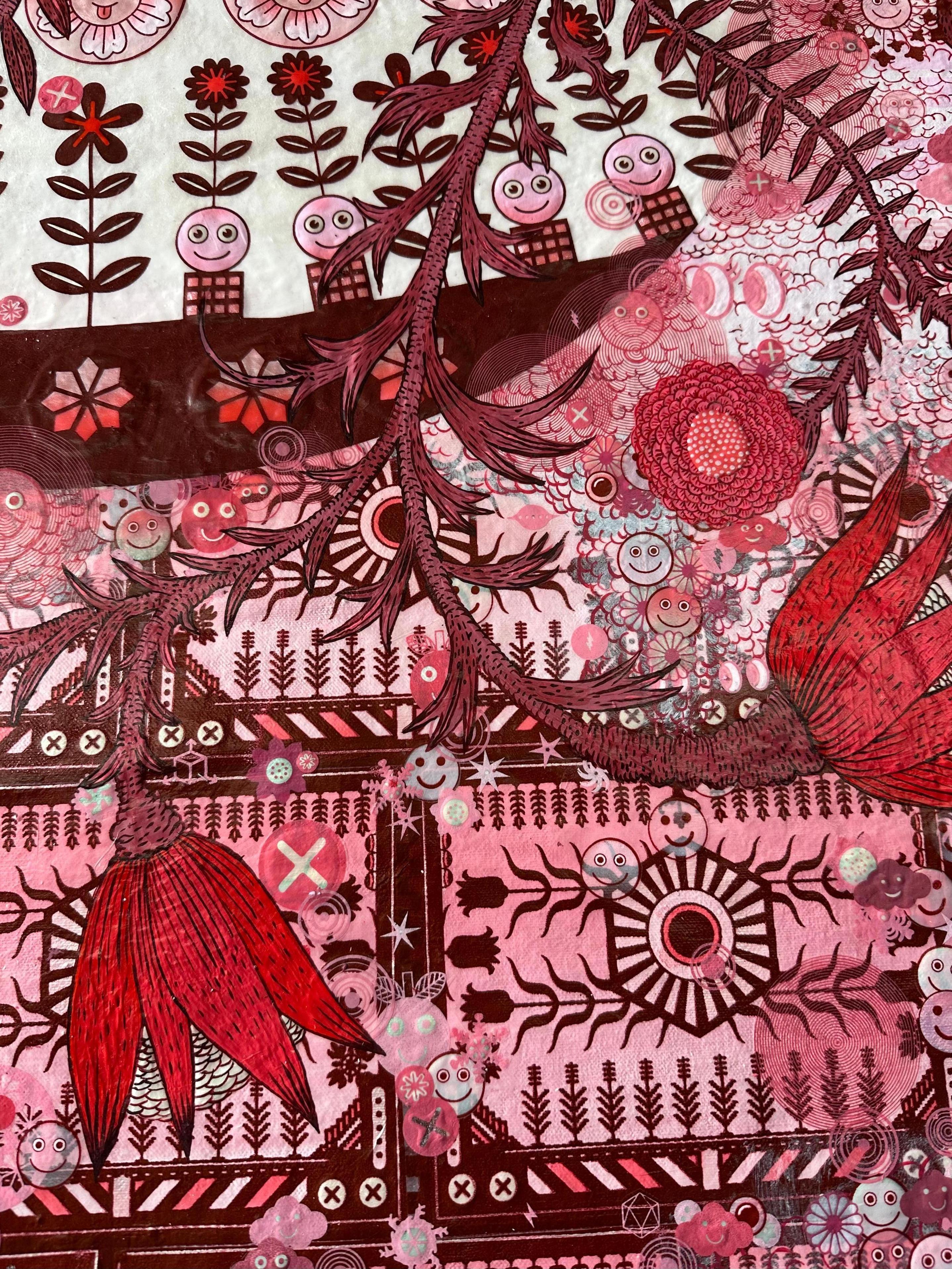 A futuristic botanical hybrid is the focus of this contemporary fantastical landscape in acrylic ink on canvas by Peter Hamlin. The meticulously detailed flower is whimsical and surreal, held in an intricately patterned vase. More imagined botany