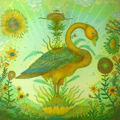 Golden Green Swan Event, Botanical Landscape with Bird, Sunflowers, Clouds, Eye