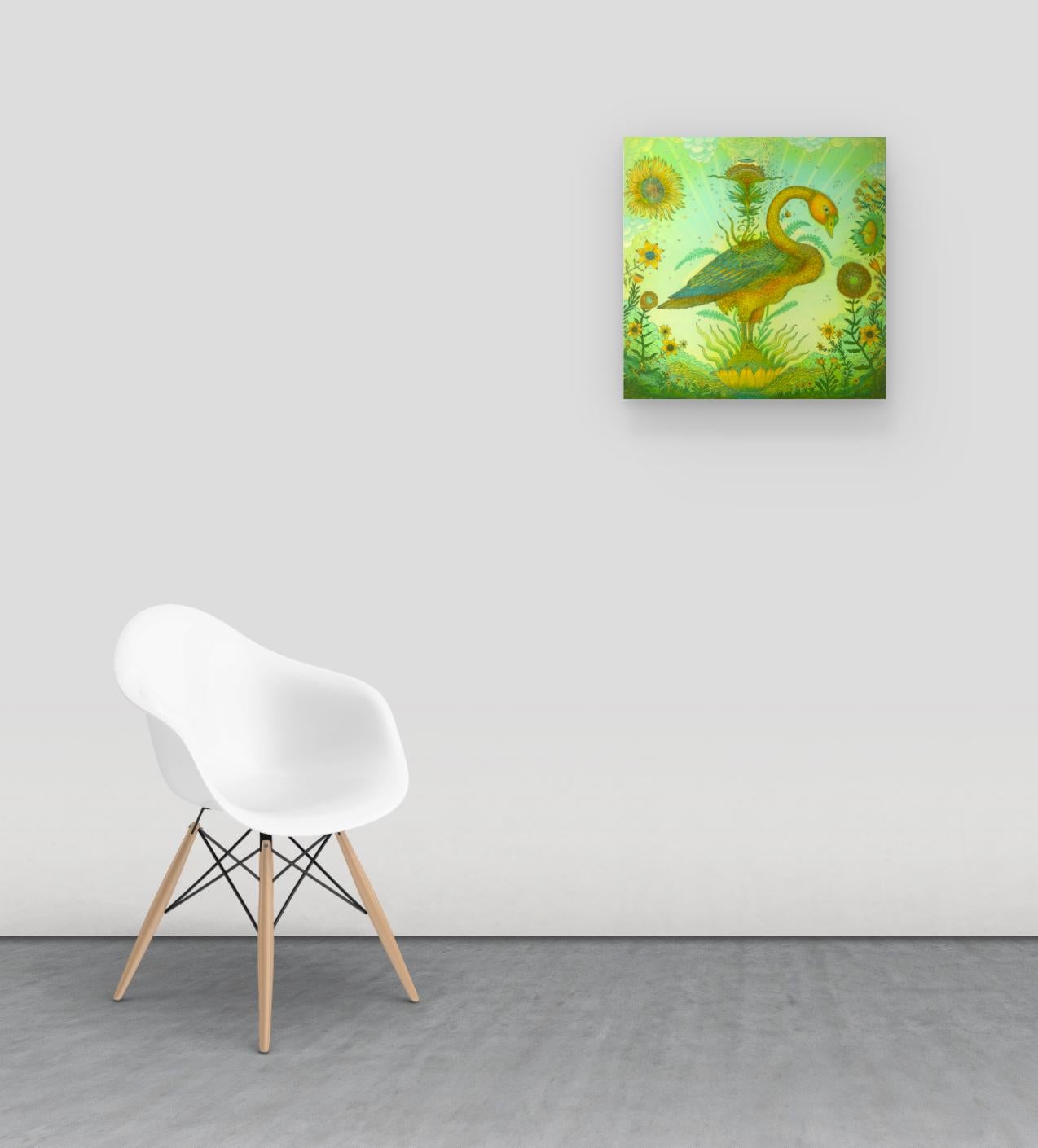 Golden Green Swan Event, Bird, Sunflowers, Clouds, Eye, Botanical Landscape - Contemporary Painting by Peter Hamlin