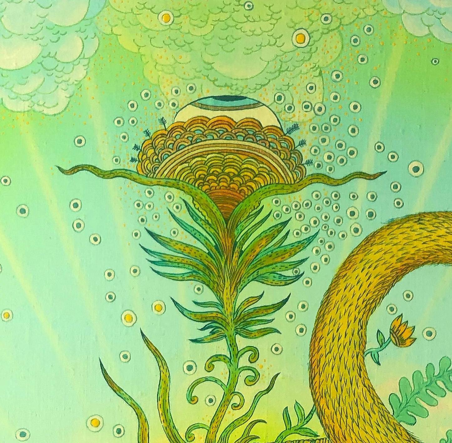 A golden swan with blue green hues in its plumage stands at the center of this fantastical landscape in acrylic on linen mounted on aluminum panel by Peter Hamlin. The meticulously detailed creature is whimsical and surreal, standing atop the center