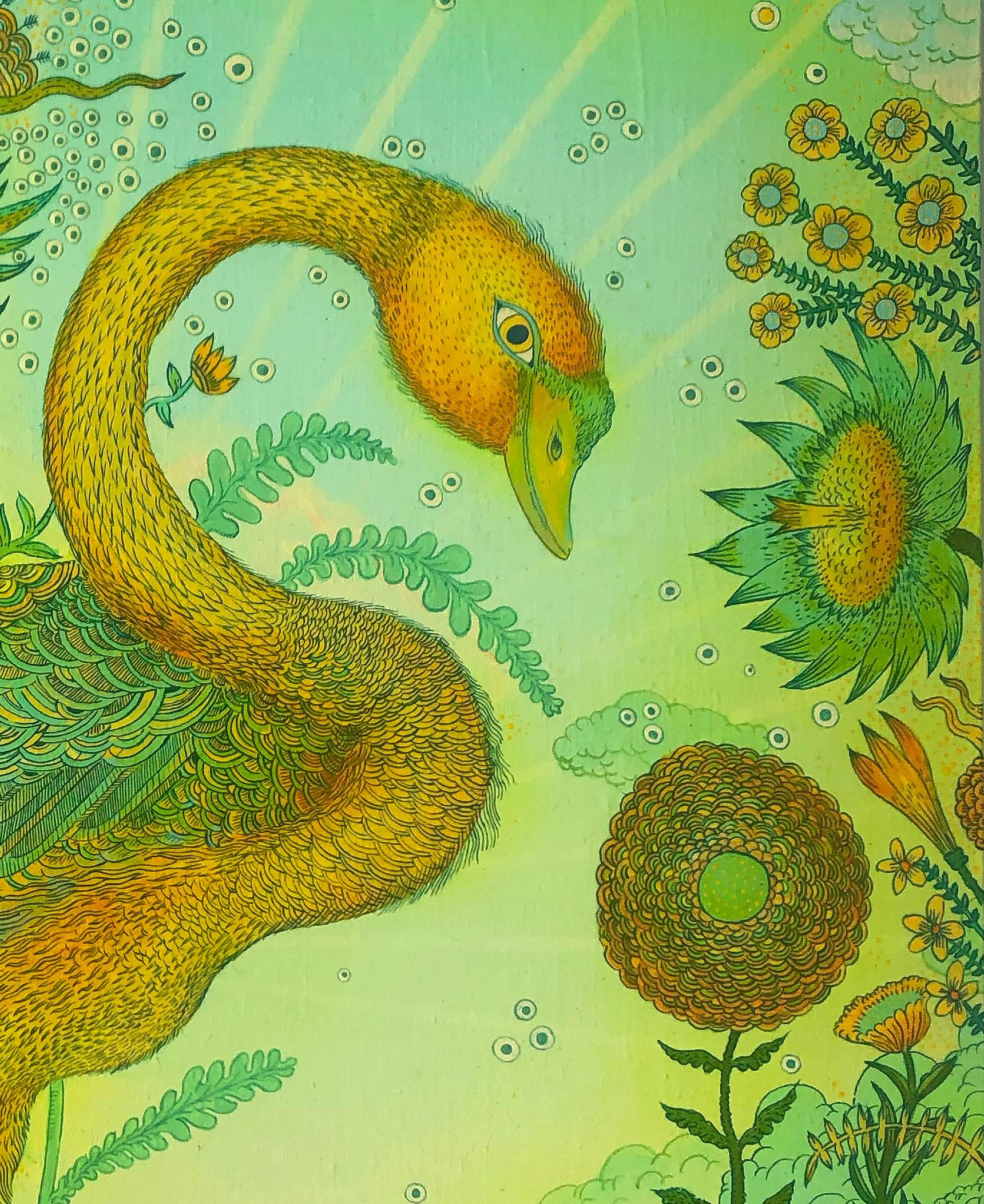 Golden Green Swan Event, Bird, Sunflowers, Clouds, Eye, Botanical Landscape For Sale 1