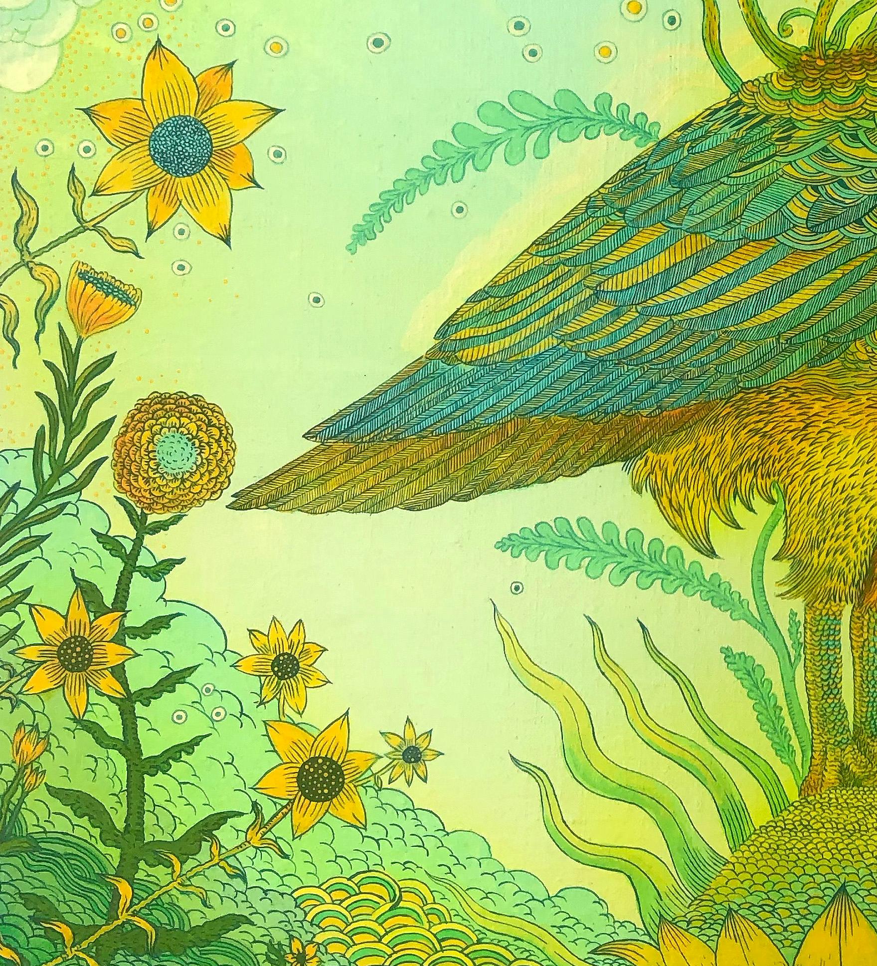 Golden Green Swan Event, Bird, Sunflowers, Clouds, Eye, Botanical Landscape For Sale 2
