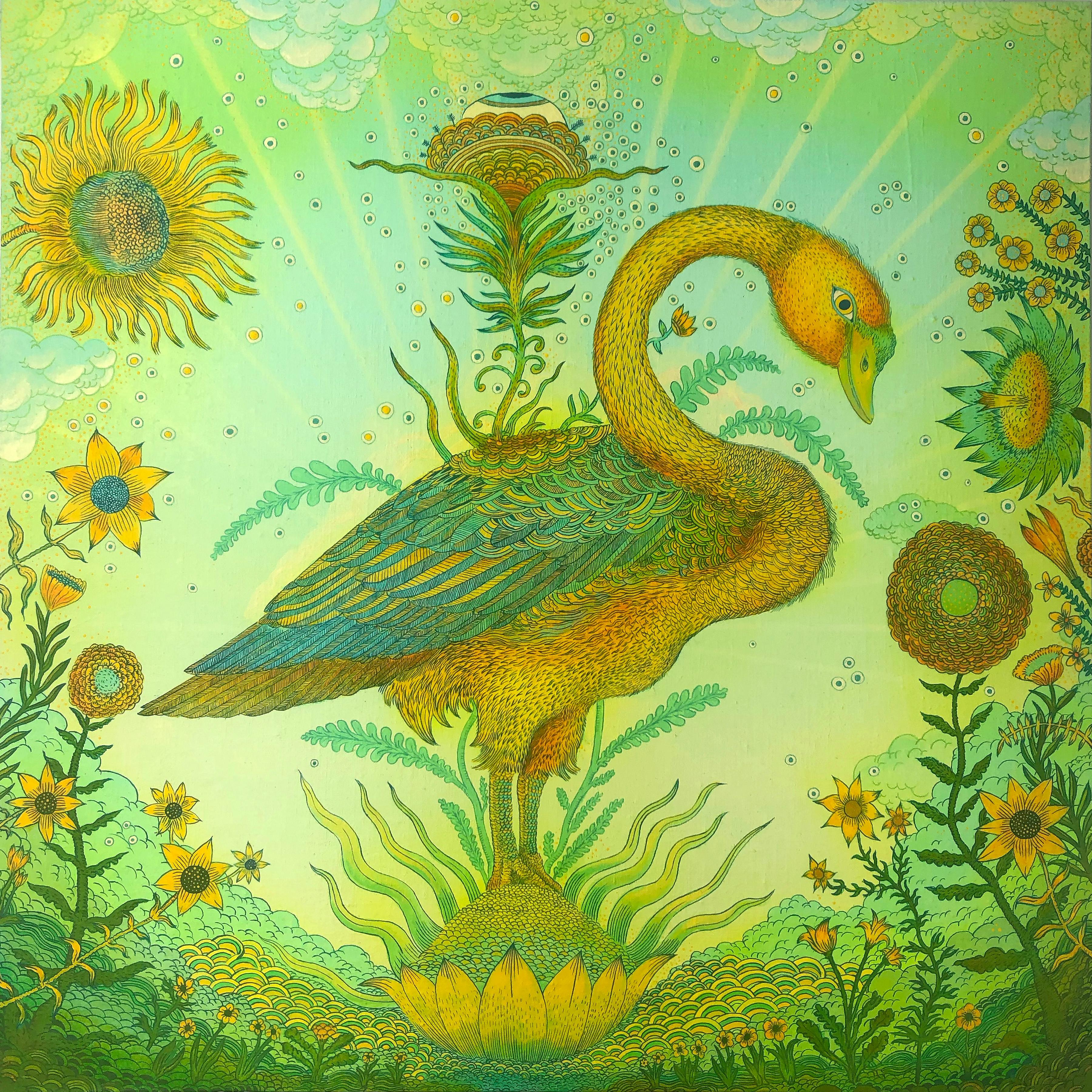 Golden Green Swan Event, Bird, Sunflowers, Clouds, Eye, Botanical Landscape - Painting by Peter Hamlin