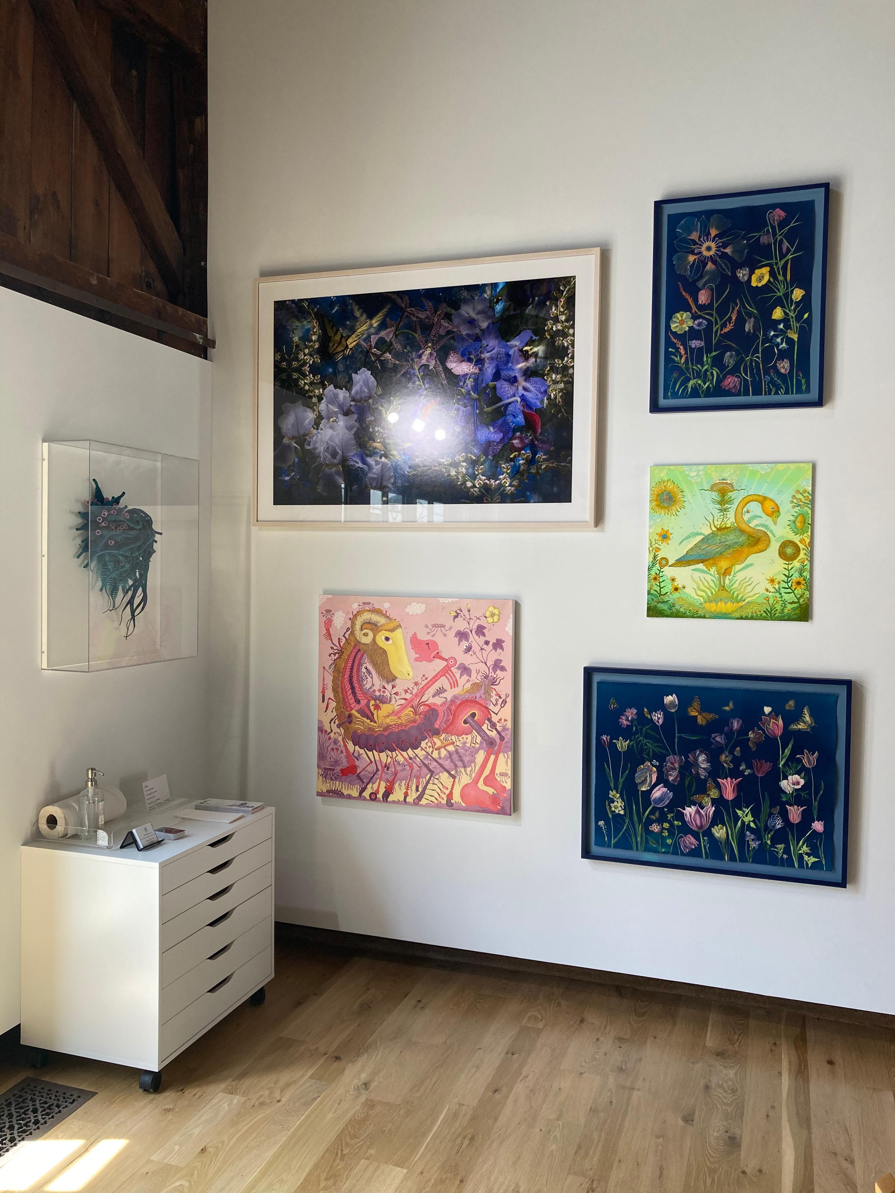 Golden Green Swan Event - Surreal Landscape Bird Sunflowers Lime Green, 2020 - Contemporary Painting by Peter Hamlin