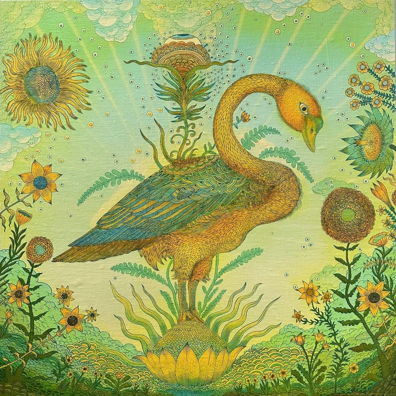 In this contemporary painting in acrylic on linen mounted on aluminum panel by Peter Hamlin, a golden swan with blue green hues in its plumage stands at the center of this fantastical landscape. The meticulously detailed creature is whimsical and