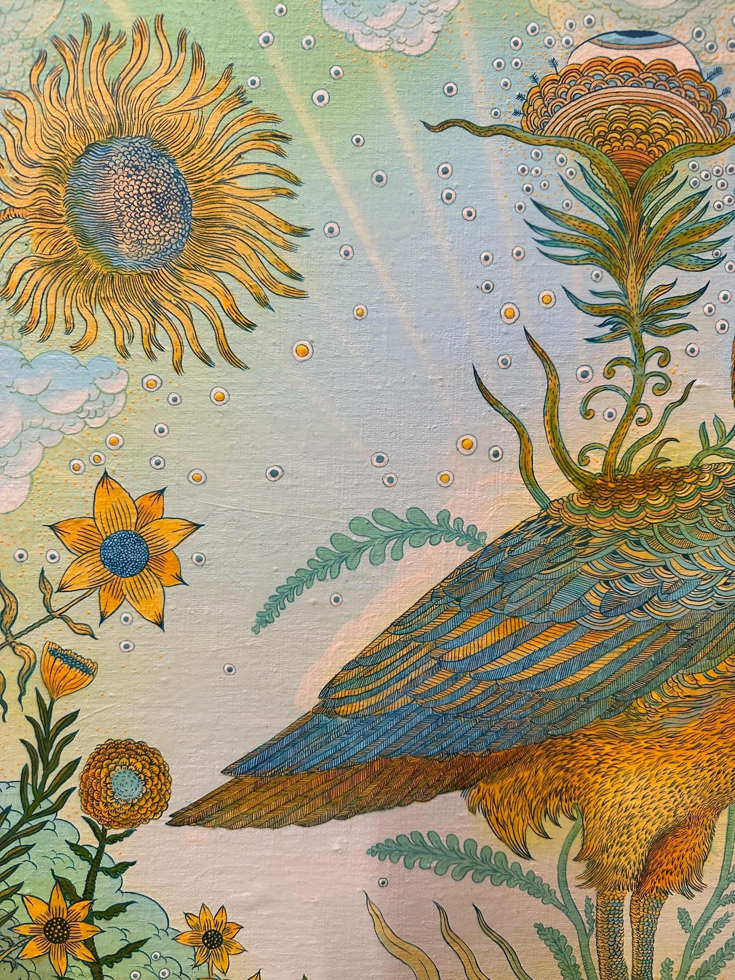Golden Green Swan Event - Surreal Landscape Bird Sunflowers Lime Green, 2020 For Sale 1