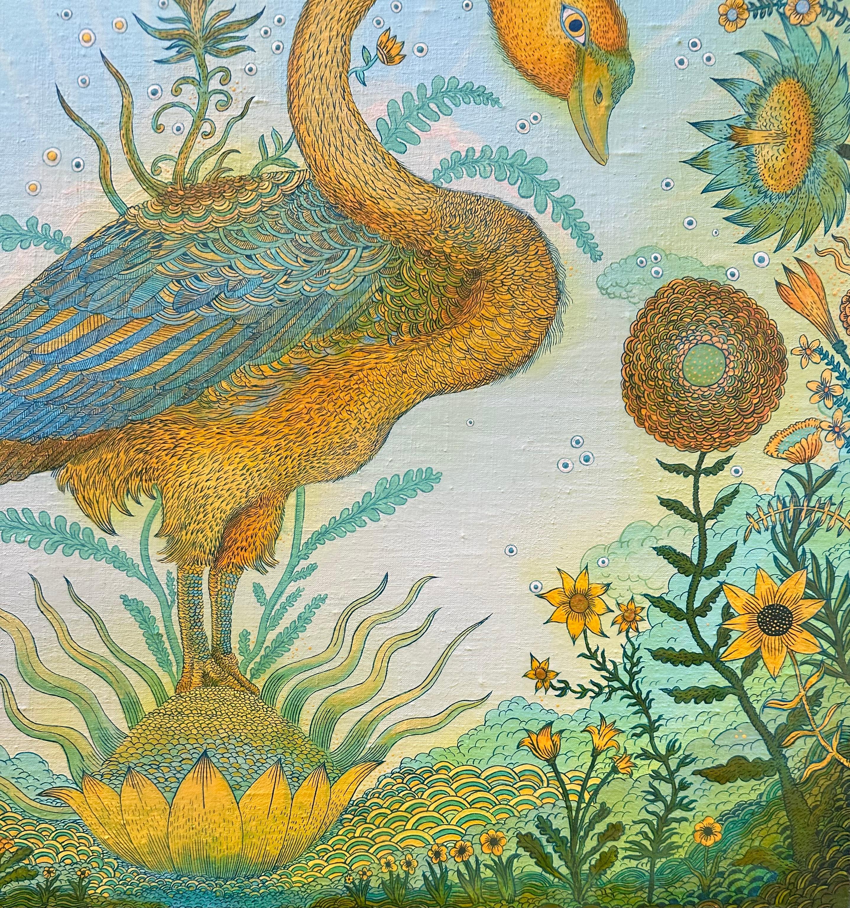 Golden Green Swan Event - Surreal Landscape Bird Sunflowers Lime Green, 2020 For Sale 2
