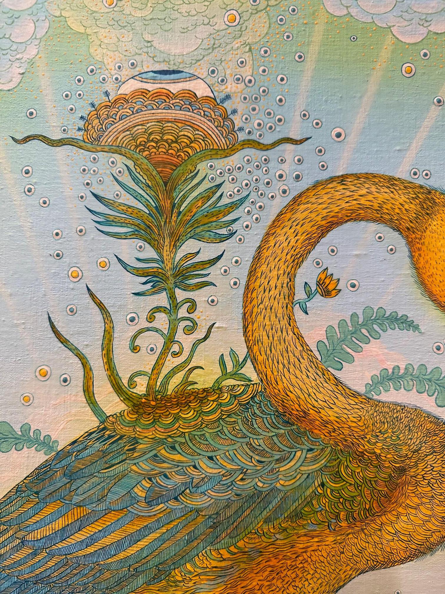 Golden Green Swan Event - Surreal Landscape Bird Sunflowers Lime Green, 2020 For Sale 3