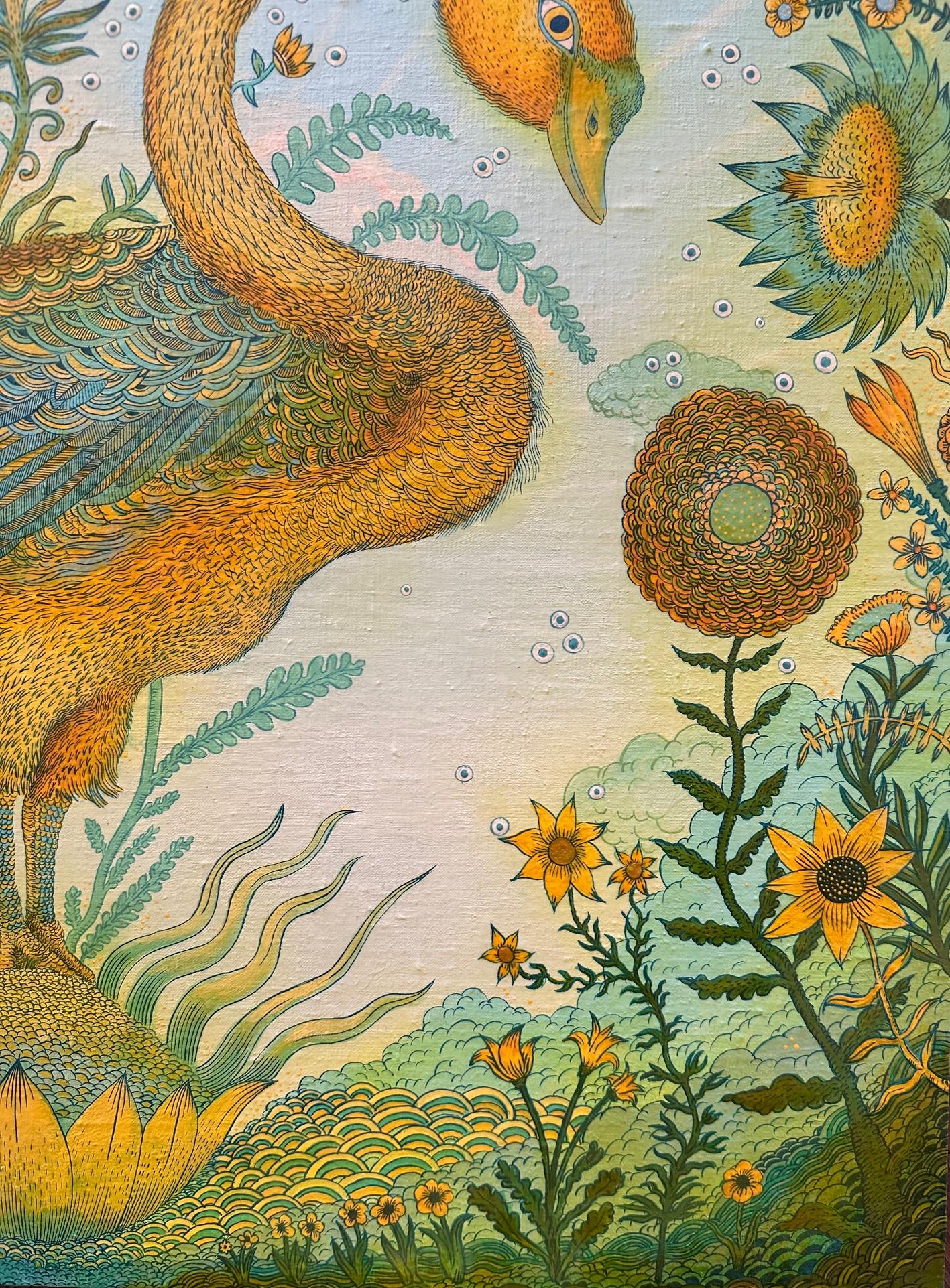 Golden Green Swan Event - Surreal Landscape Bird Sunflowers Lime Green, 2020 For Sale 4