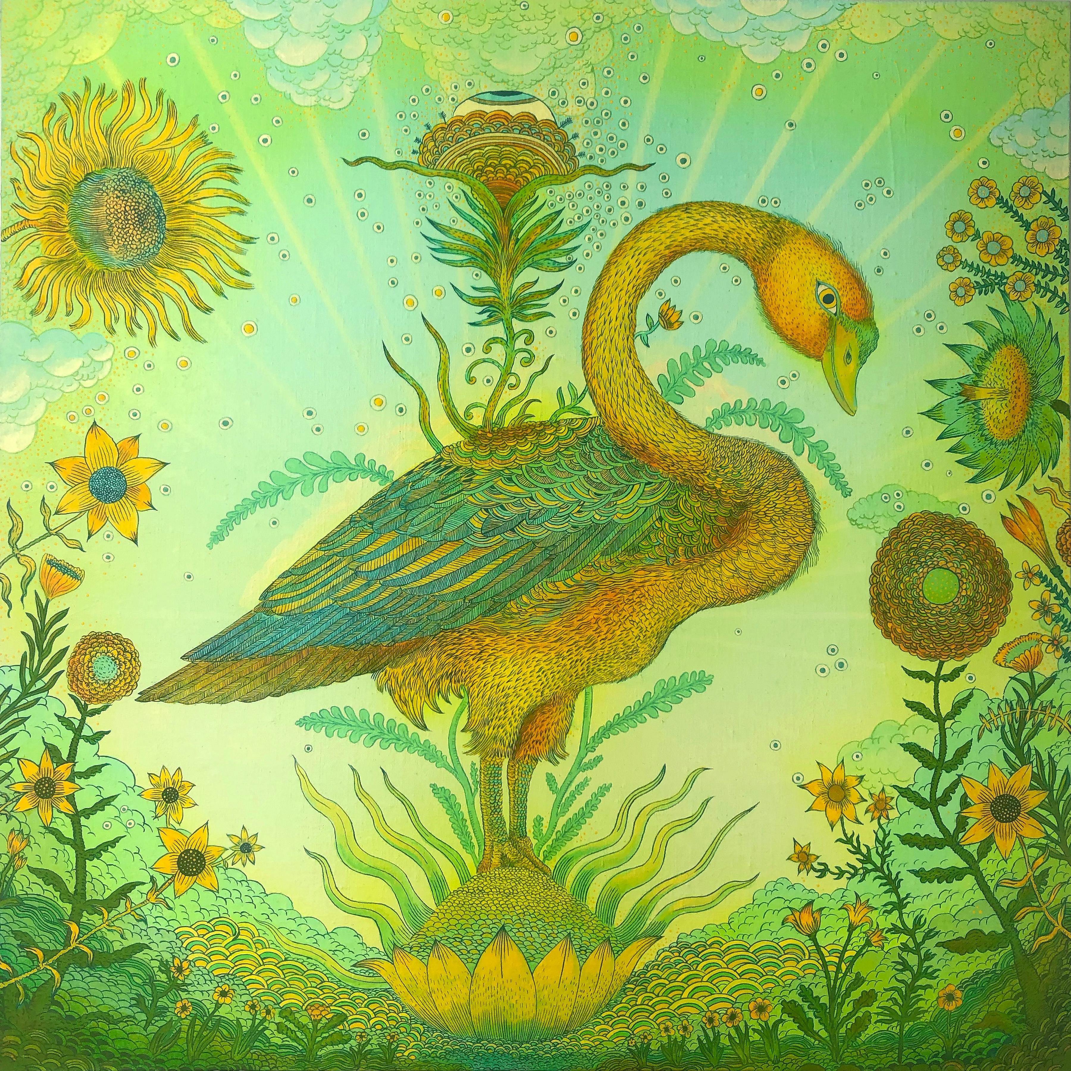 Golden Green Swan Event - Surreal Landscape Bird Sunflowers Lime Green, 2020 - Painting by Peter Hamlin