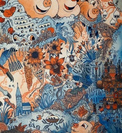 Great Expanse, Orange Blue Futuristic Animal Robot Fantasy Landscape Painting