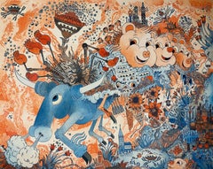 Great Expanse, Orange Blue Futuristic Animal Robot Fantasy Landscape Painting