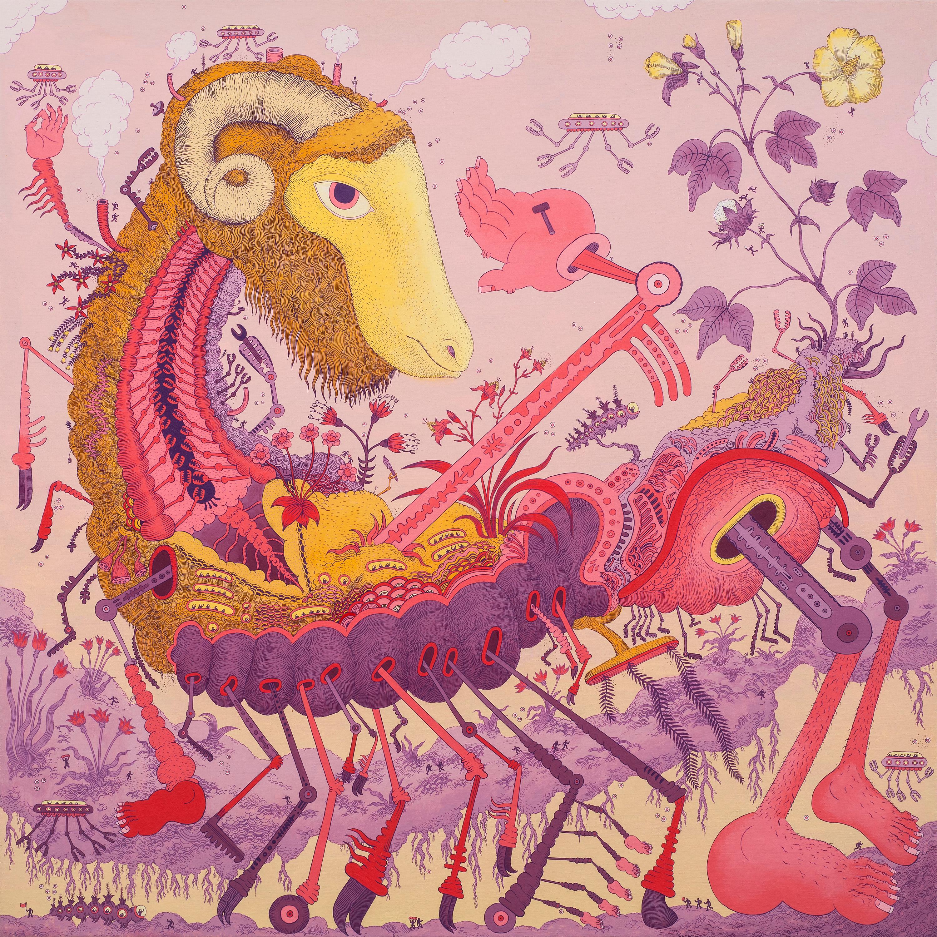 Ludditebot, Pink Lavender Yellow Futuristic Animal Robot Fantasy Landscape