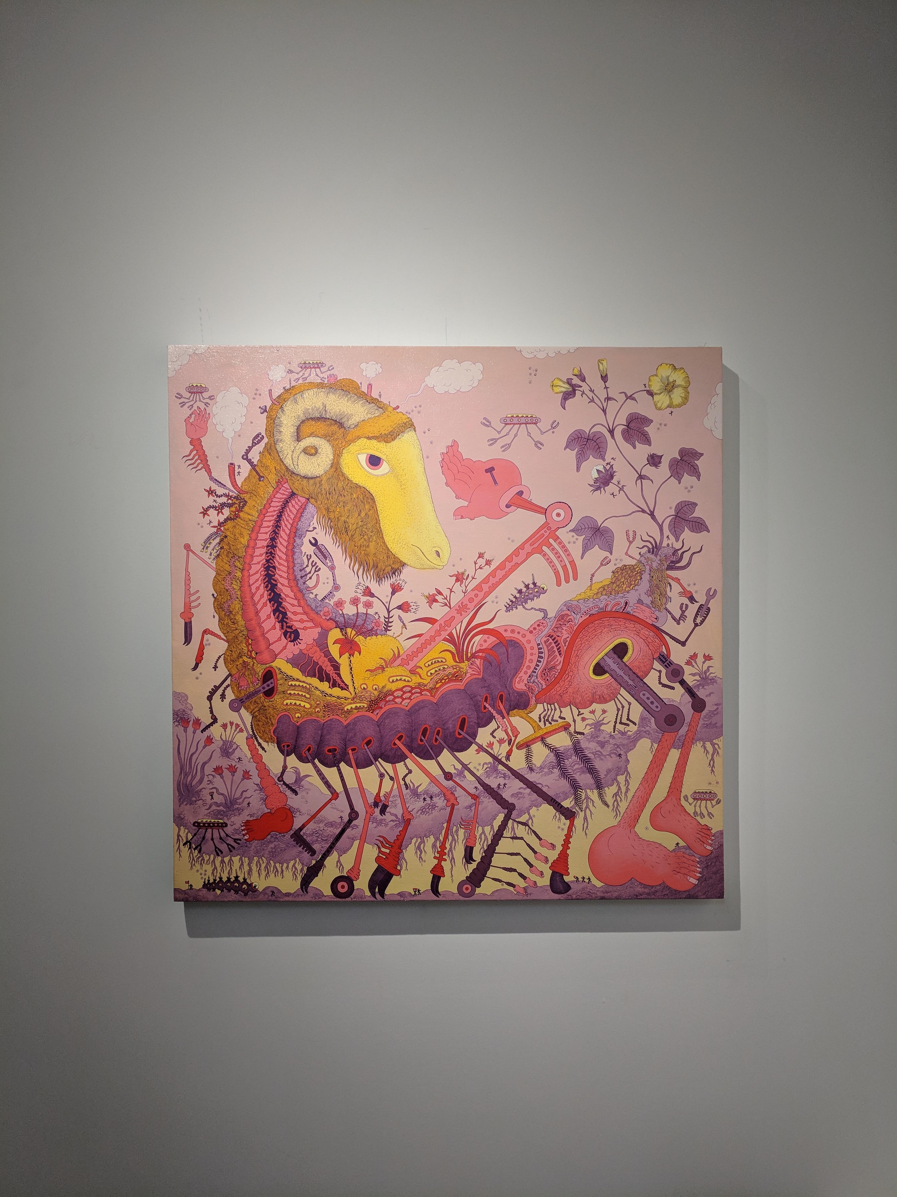 Ludditebot - Rosa Lavanda Giallo Animale Surreale Robot Fantasia Paesaggio 2017 - Painting di Peter Hamlin