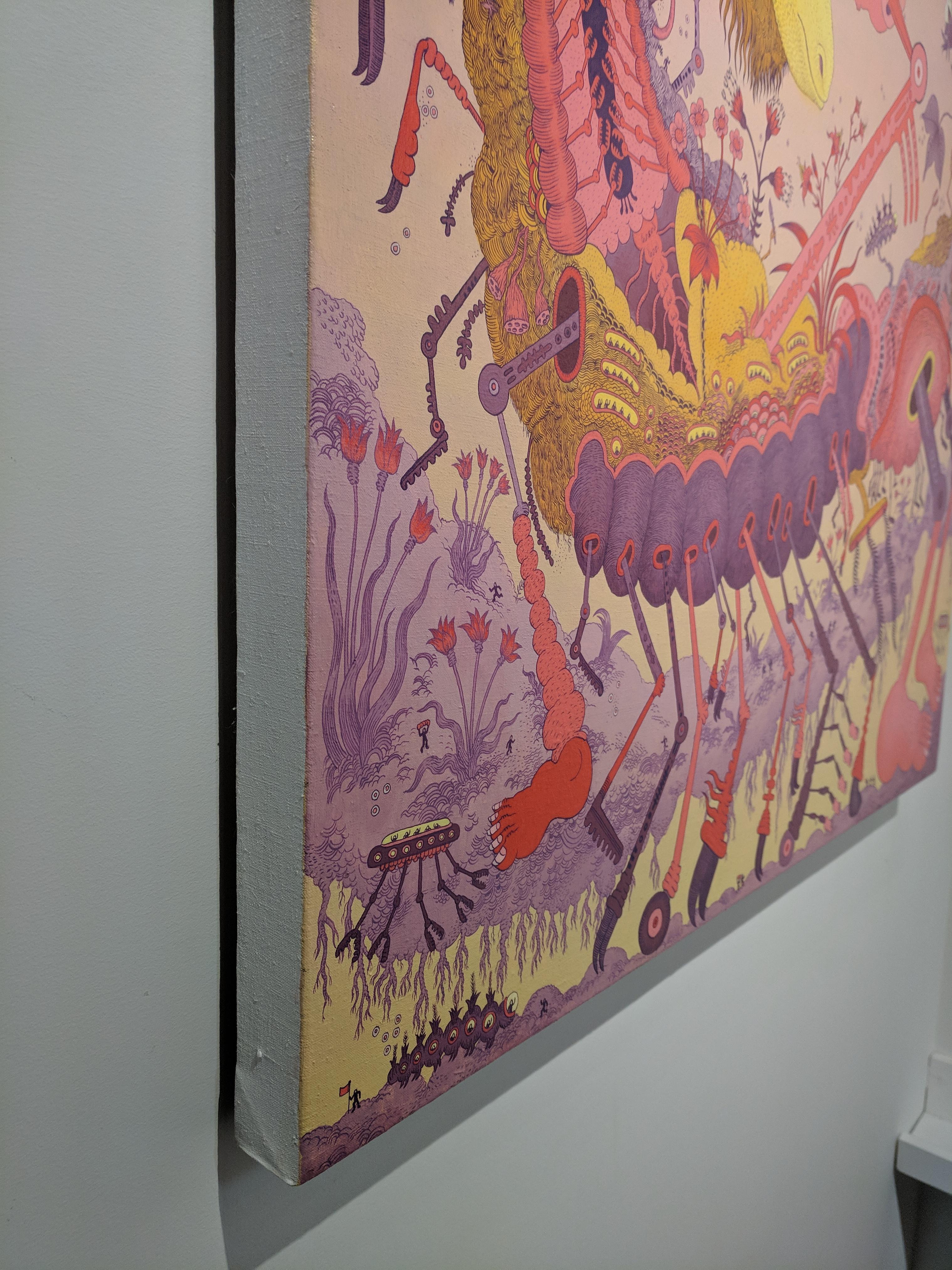 Ludditebot - Rosa Lavendel Gelb Surreal Tier Roboter Fantasie Landschaft 2017 (Braun), Animal Painting, von Peter Hamlin