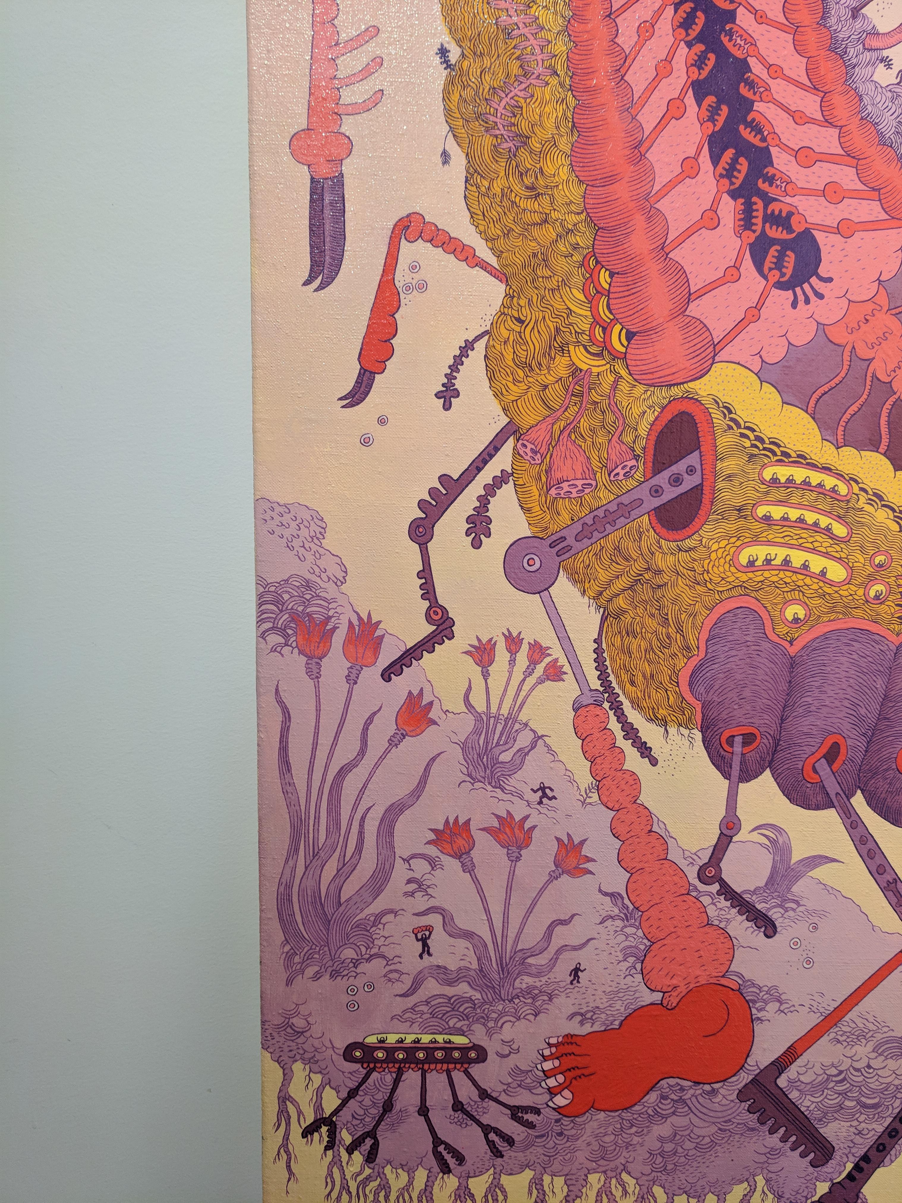 Zeitgenössisches Gemälde in Acryl auf Leinen mit einer surrealen, futuristischen Landschaft in hellrosa, gelben und blassvioletten Farbtönen, bevölkert von Robotern, Tierhybriden, winzigen Figuren, außerirdischen Blumen und Flugmaschinen. Dieses