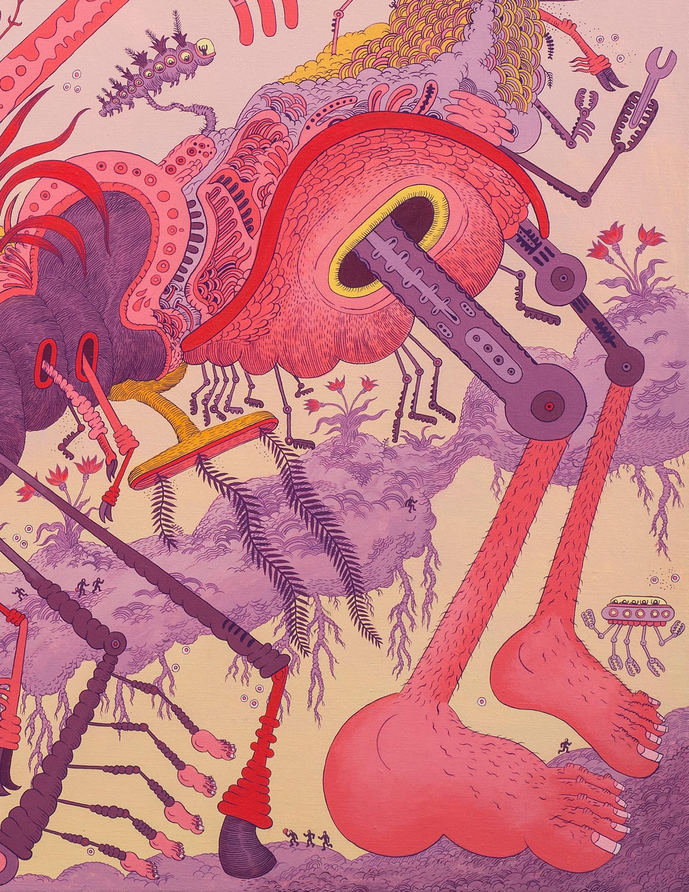 Ludditebot - Rosa Lavendel Gelb Surreal Tier Roboter Fantasie Landschaft 2017 im Angebot 1