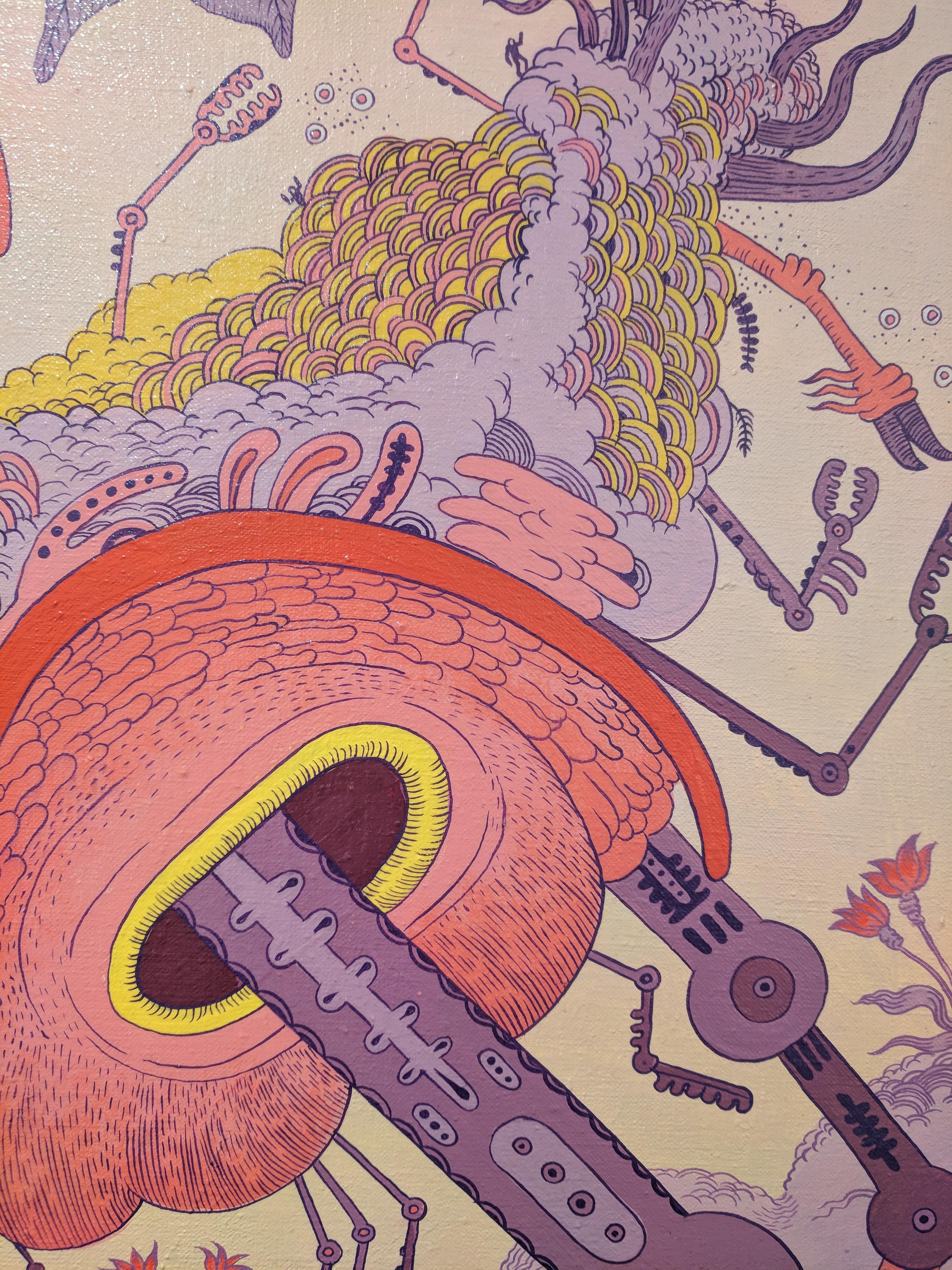 Ludditebot - Rosa Lavendel Gelb Surreal Tier Roboter Fantasie Landschaft 2017 im Angebot 2