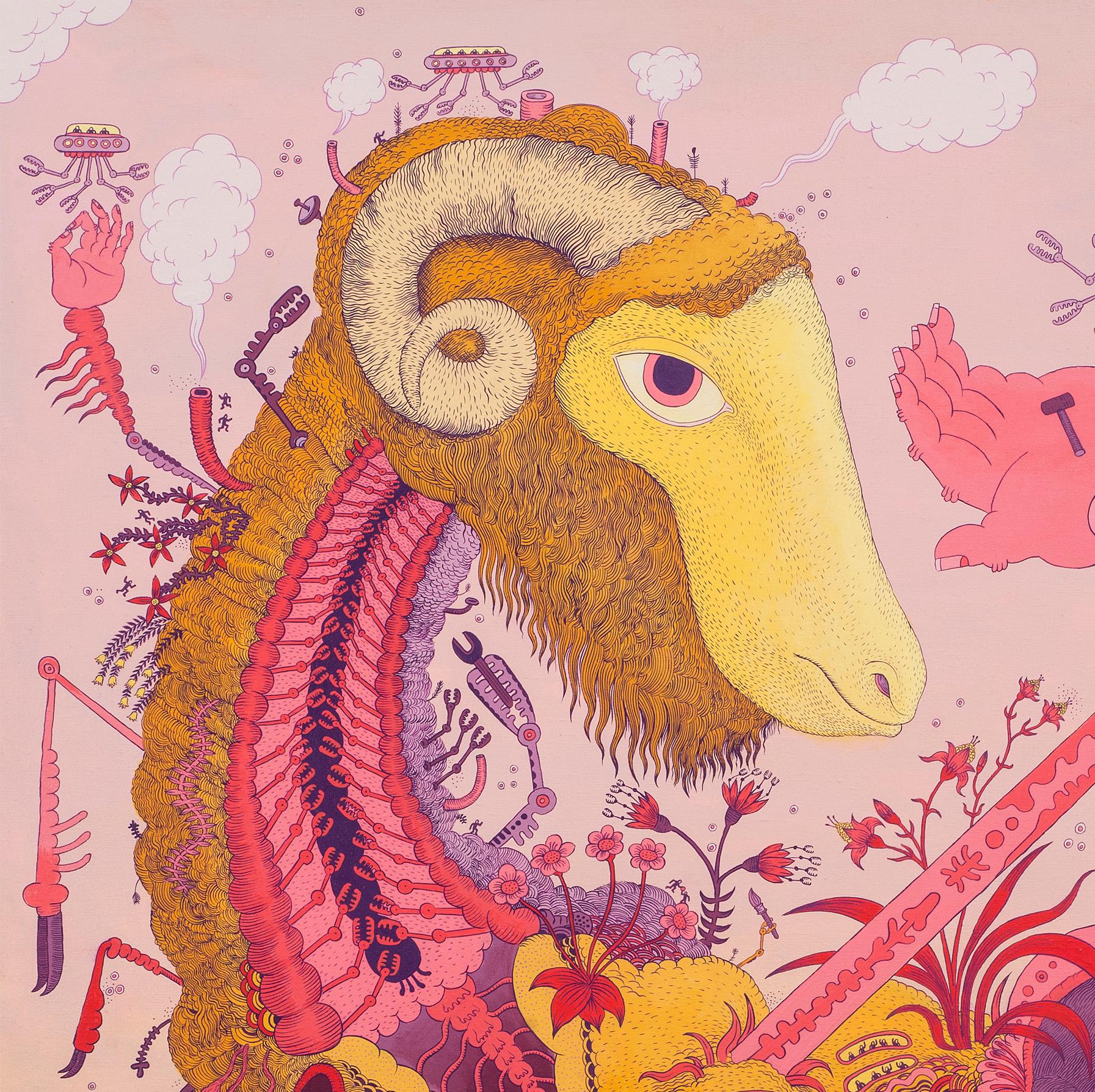 Ludditebot - Rosa Lavendel Gelb Surreal Tier Roboter Fantasie Landschaft 2017 im Angebot 3